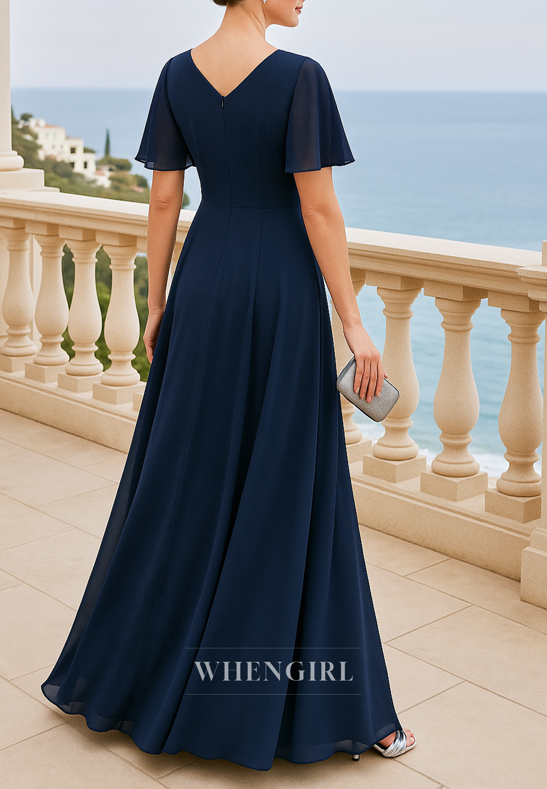 Navy V Neck Appliqued Short Sleeves Floor Length A-Line Chiffon Mother of the Bride Dress