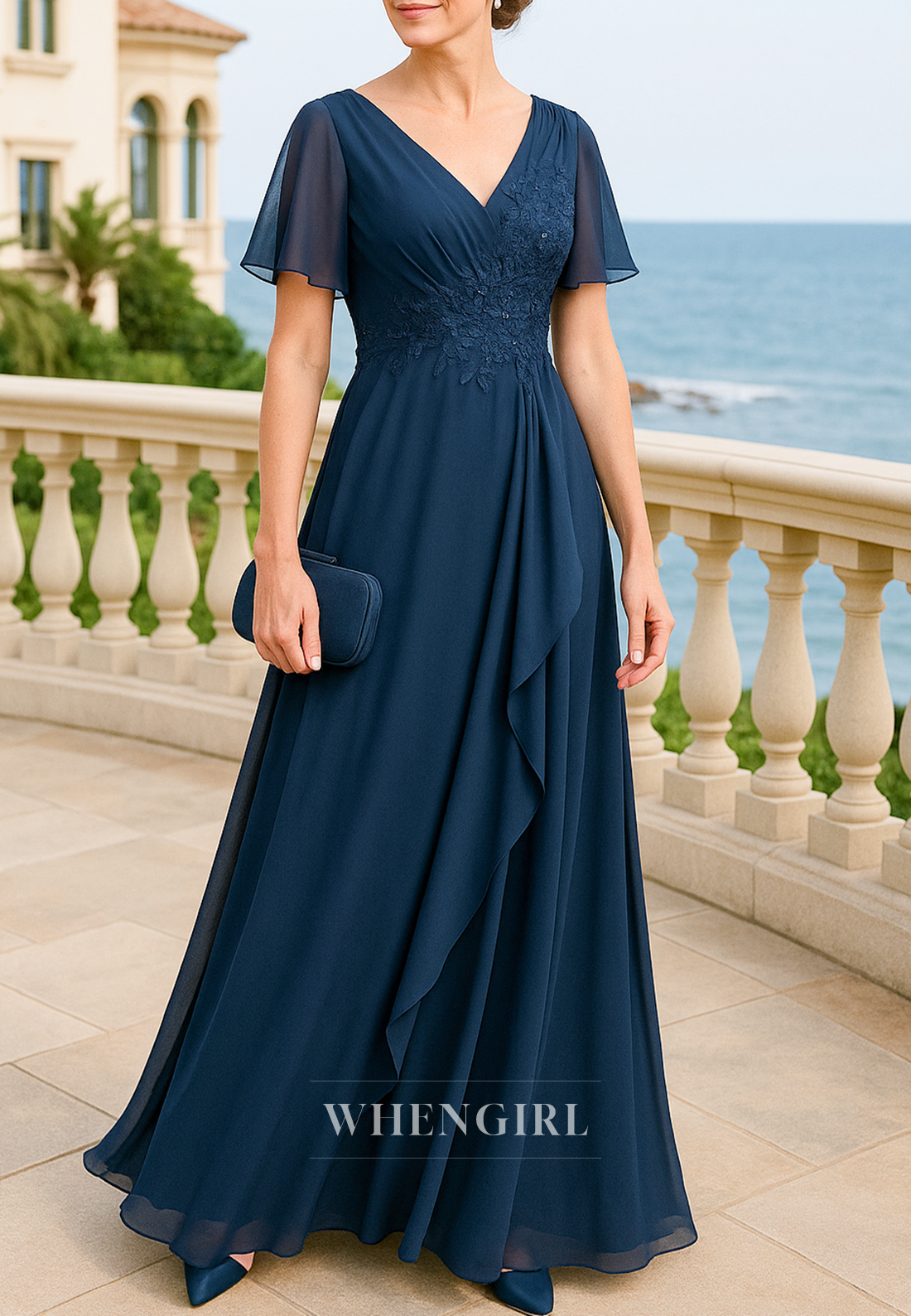 Navy V Neck Appliqued Short Sleeves Floor Length A-Line Chiffon Mother of the Bride Dress