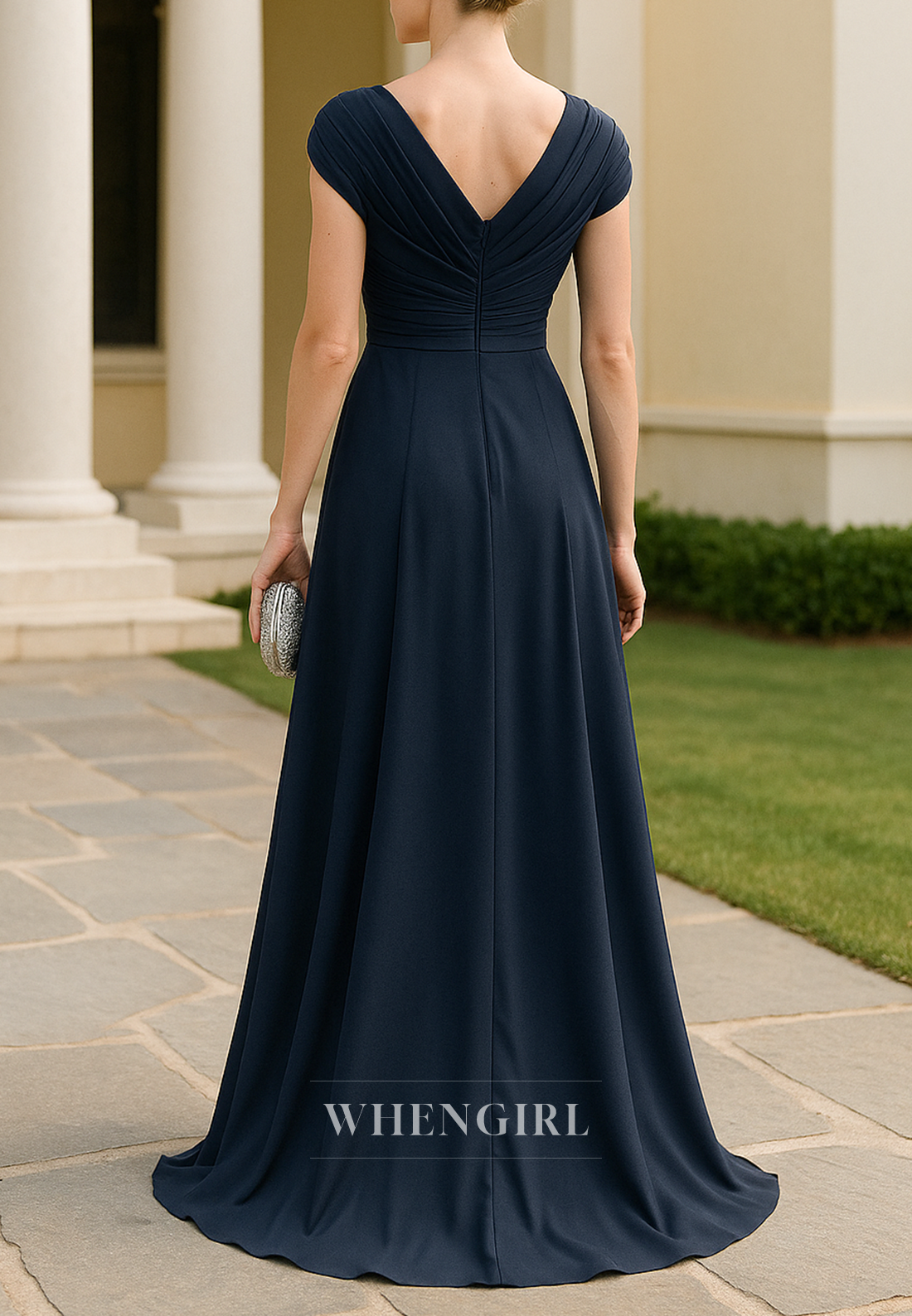Navy Sweep Train V Neck Cap Sleeves A-Line Mother of the Bride Dress