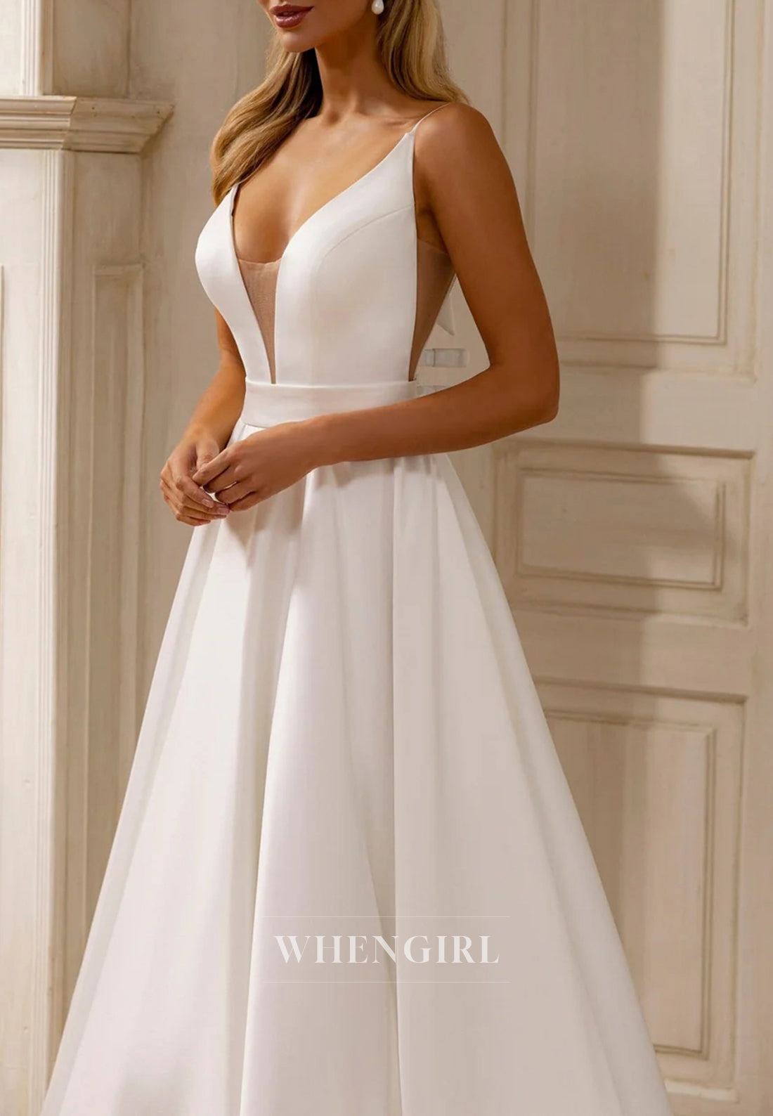 Simple A-Line Sleeveless Wedding Dress with V Neckline and Court Train