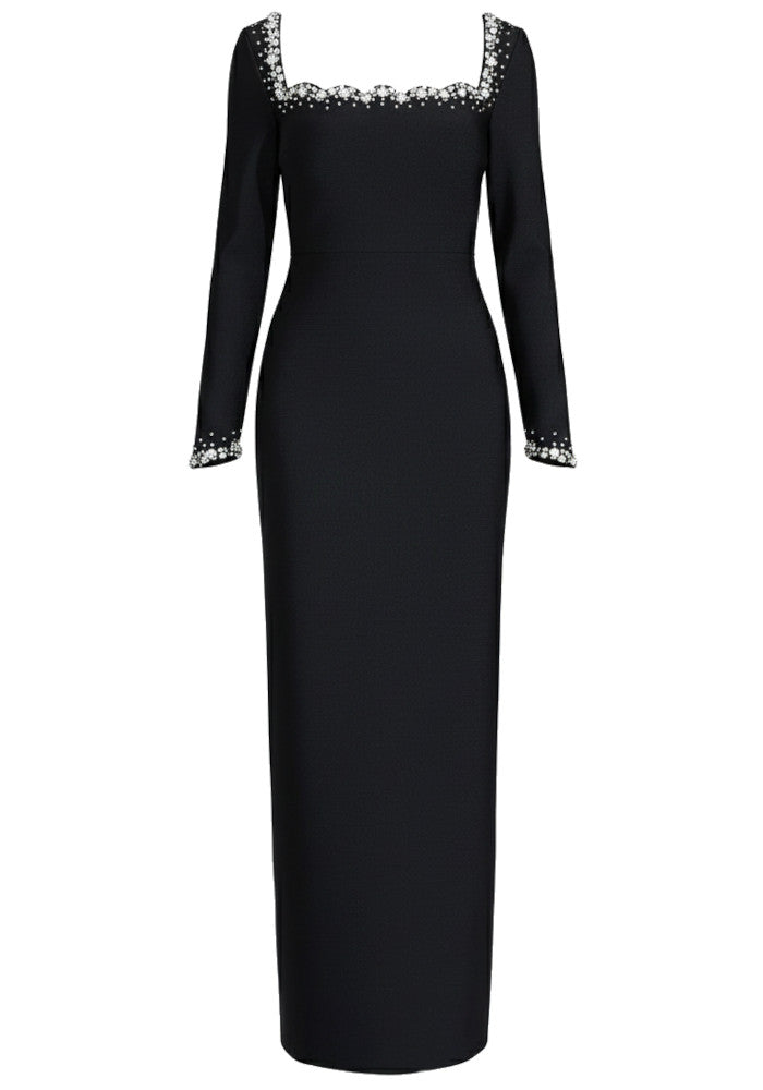 Chic Black Satin V-Neck Long Sleeve Beaded Prom Dresses for Formal Evening Events