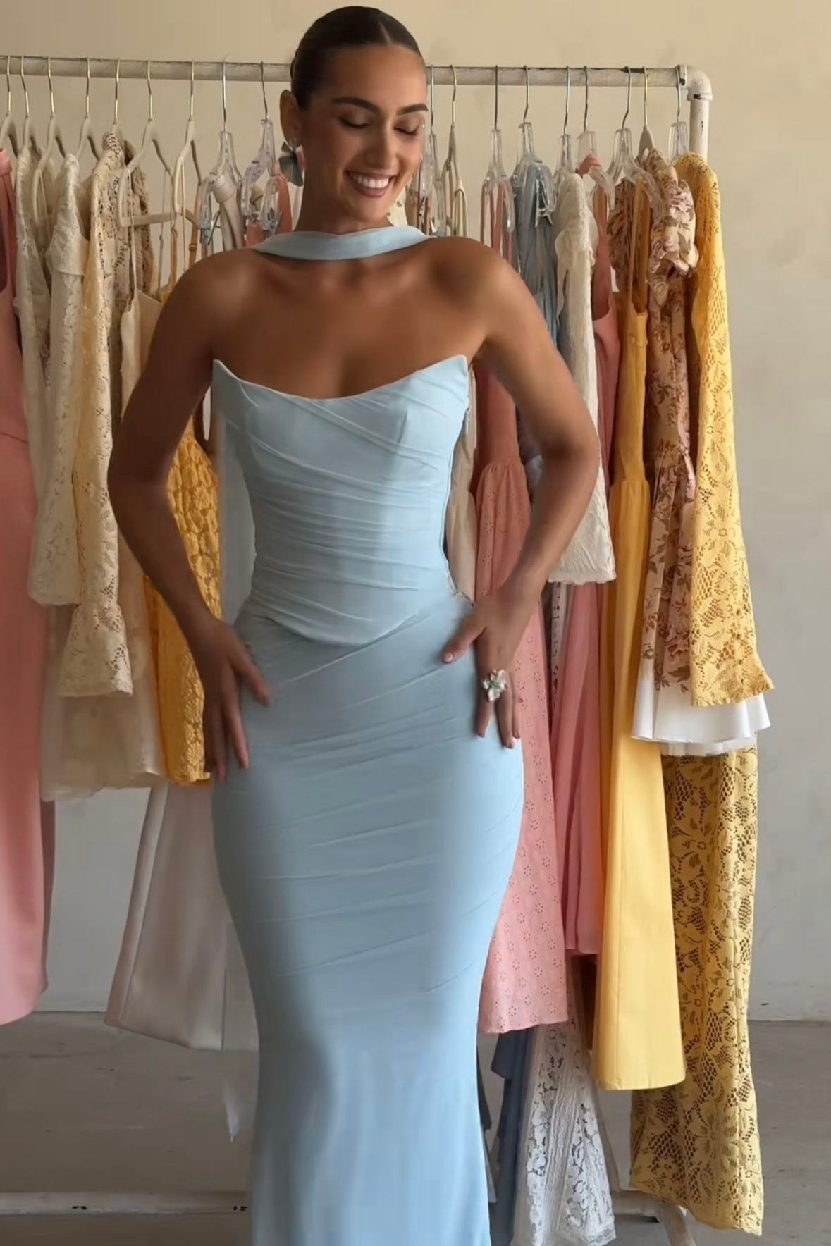 Chic Mermaid Strapless Light Blue Long Party Dress with Scarf