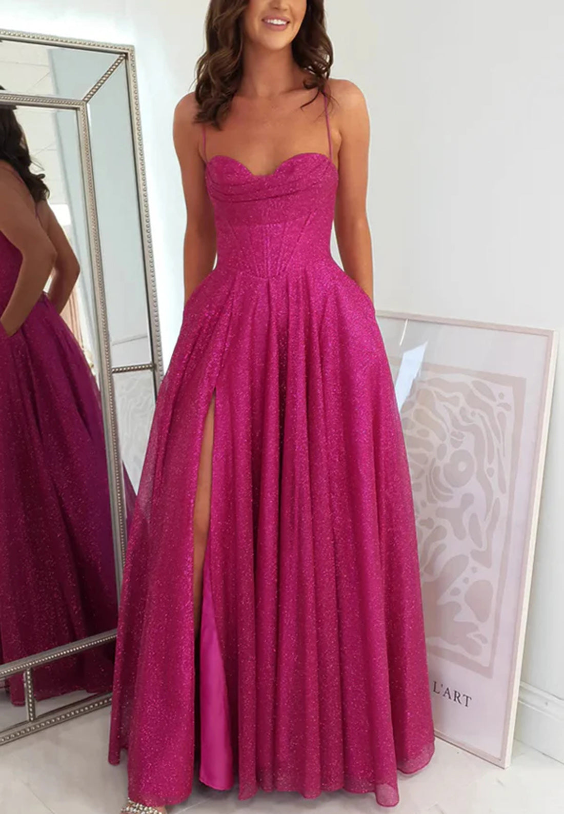 A-Line Sweetheart Sleeveless Stripe Pleated Glitter Knit Prom Dress with Train Formal Dress