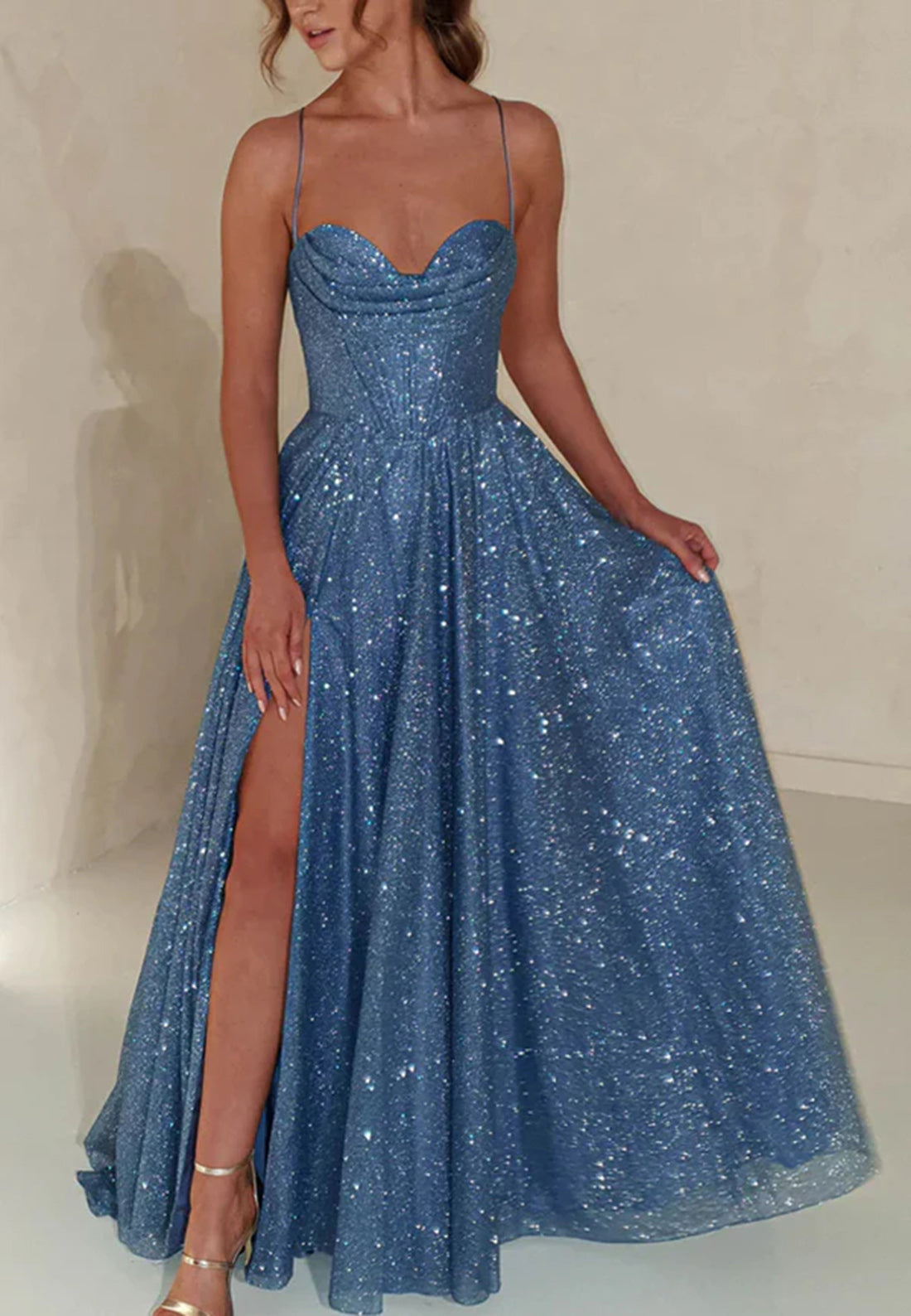 A-Line Sweetheart Sleeveless Stripe Pleated Glitter Knit Prom Dress with Train Formal Dress