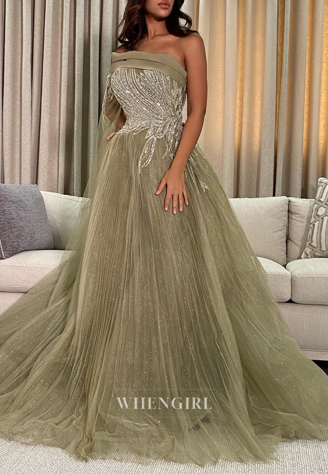 Dusty Sage A-Line Pleated Strapless Beaded One Shoulder Formal Evening Gown with Court Train