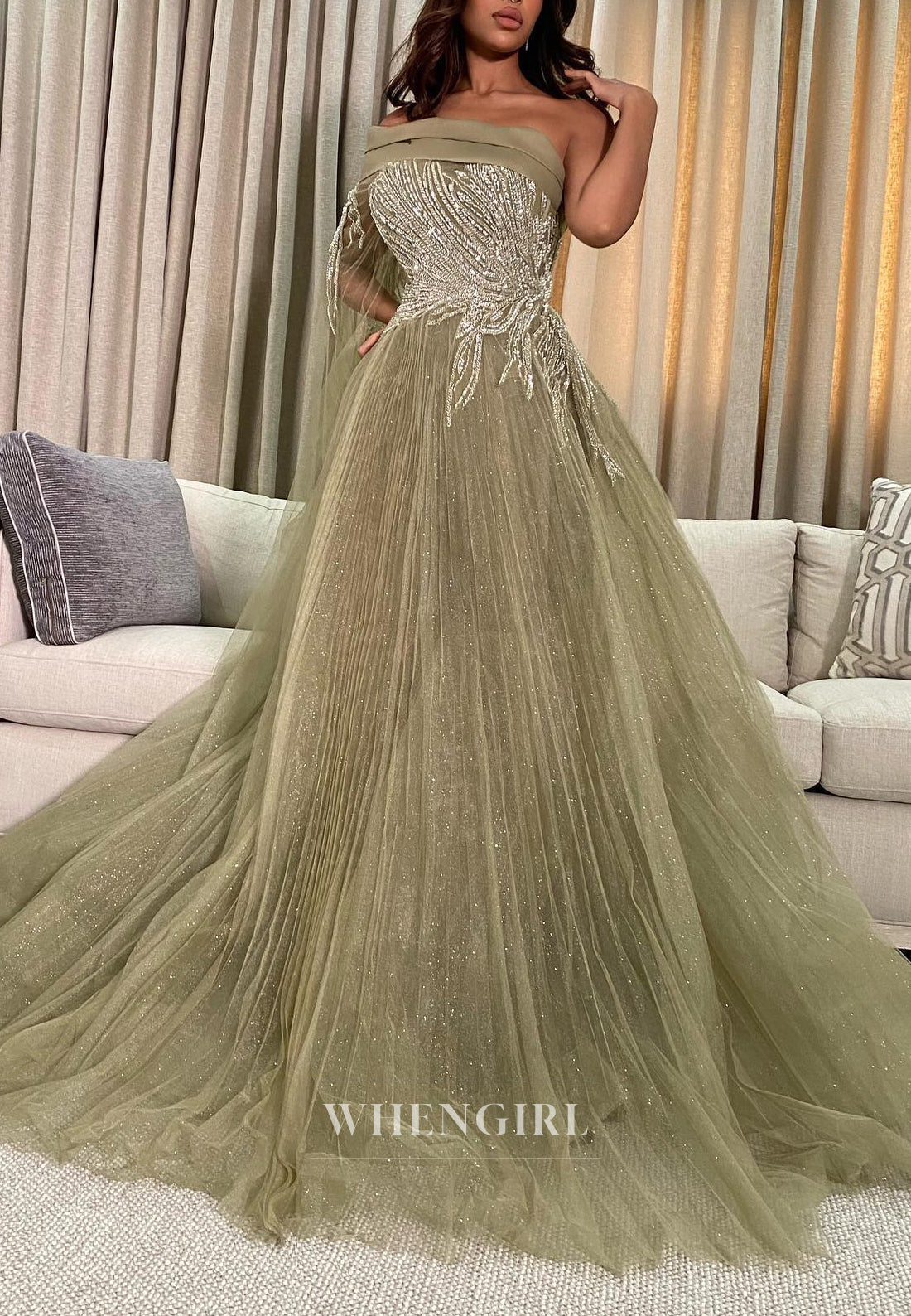 Dusty Sage A-Line Pleated Strapless Beaded One Shoulder Formal Evening Gown with Court Train