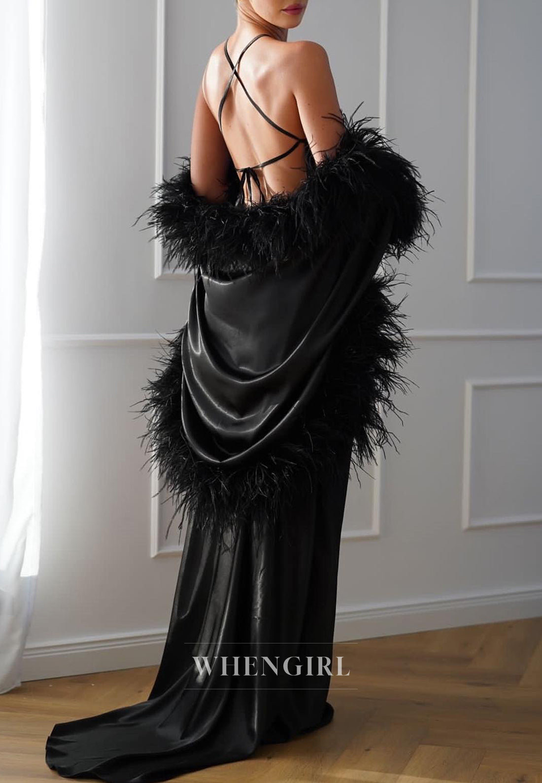 Sheath Black Crisscross Back Sleeveless Feather Shawl Side Slit Halter Formal Evening Dress