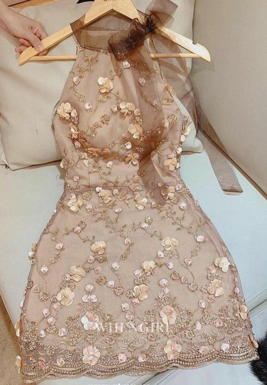 Sheath Bowknot Floral Sleeveless Appliqued Short Homecoming Dress