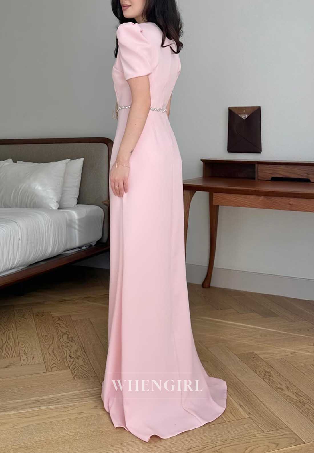 Blush Pink Puff Sleeve Square Neck Rhinestone Waist Maxi Cocktail Dress