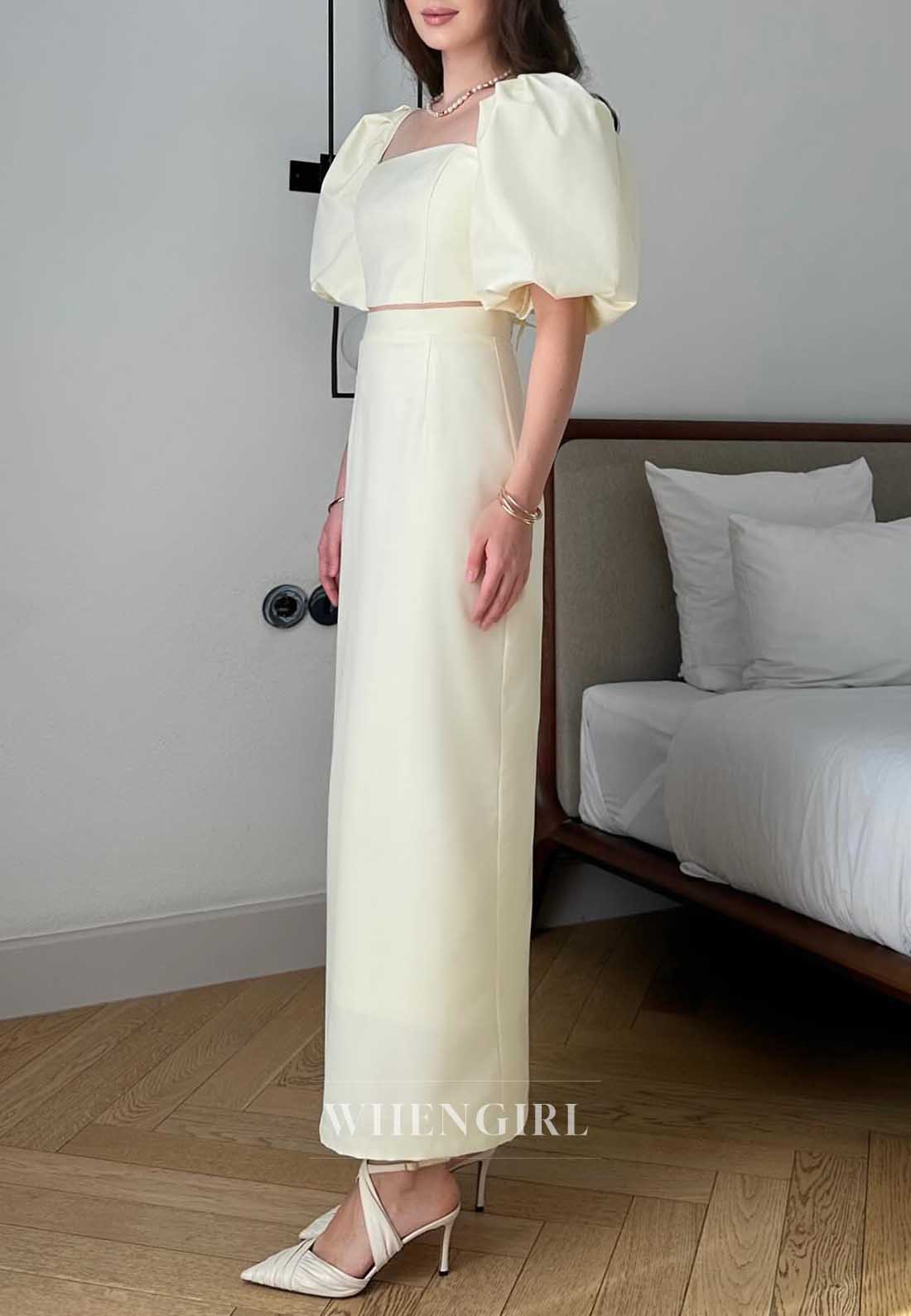 Cream Puff Sleeve Square Neck Two Piece Midi Formal Cocktail Dress