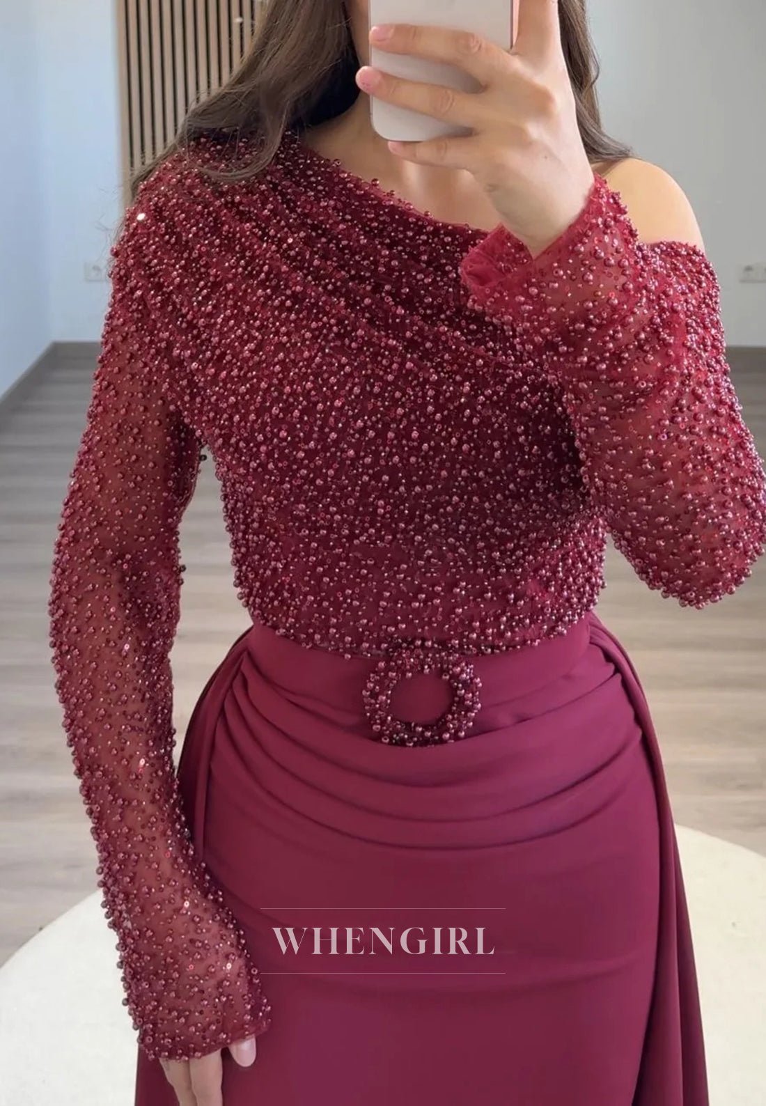 Asymmetrical Neck Beaded Long Sleeves Sheath Sweep Train Evening Formal Dress