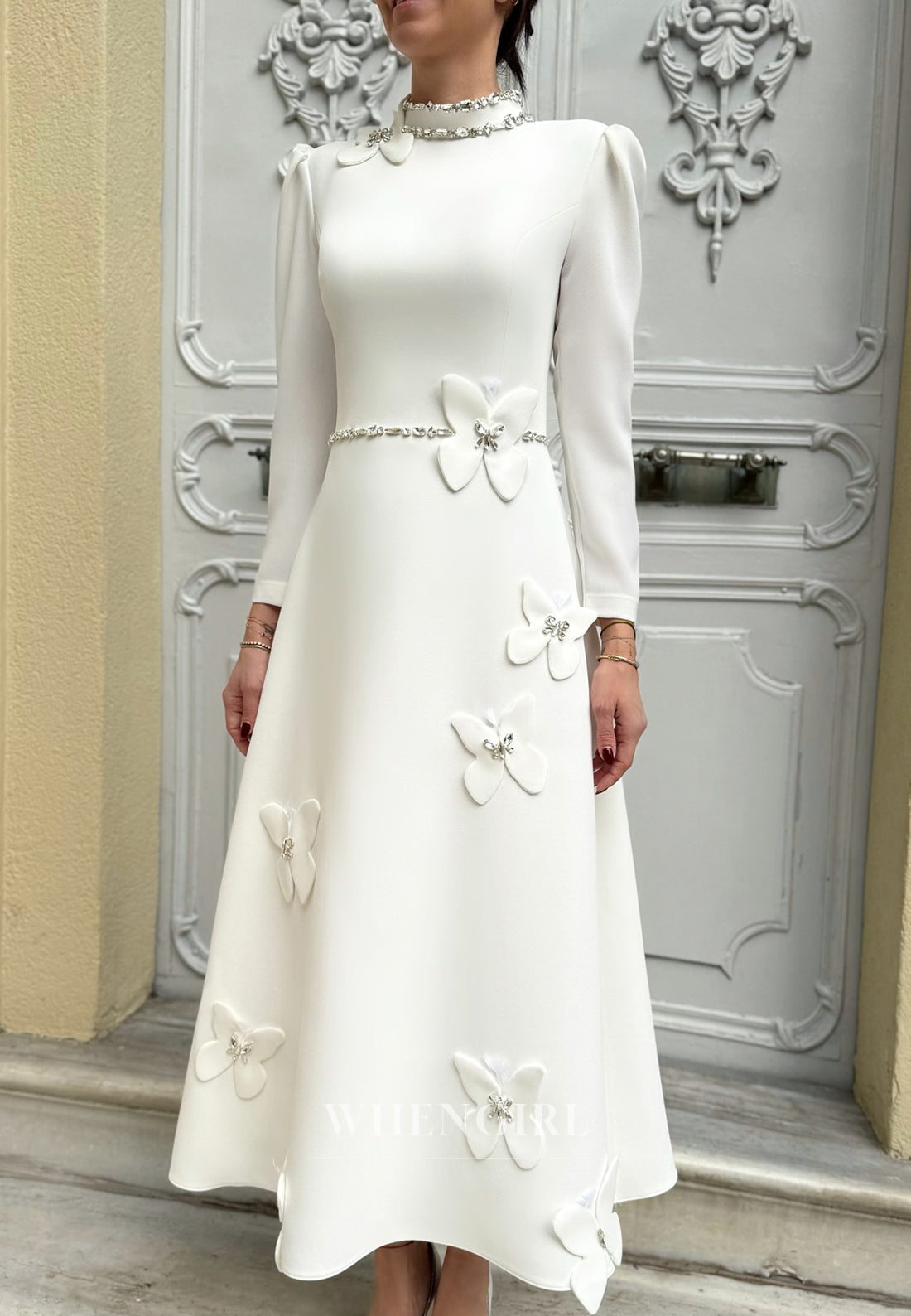 A-Line Long Sleeves High Neck Beading Satin Wedding Dress with Butterf WhenGirl A-Line Long Sleeves High Neck Beading Satin Wedding Dress with Butterf WhenGirl
