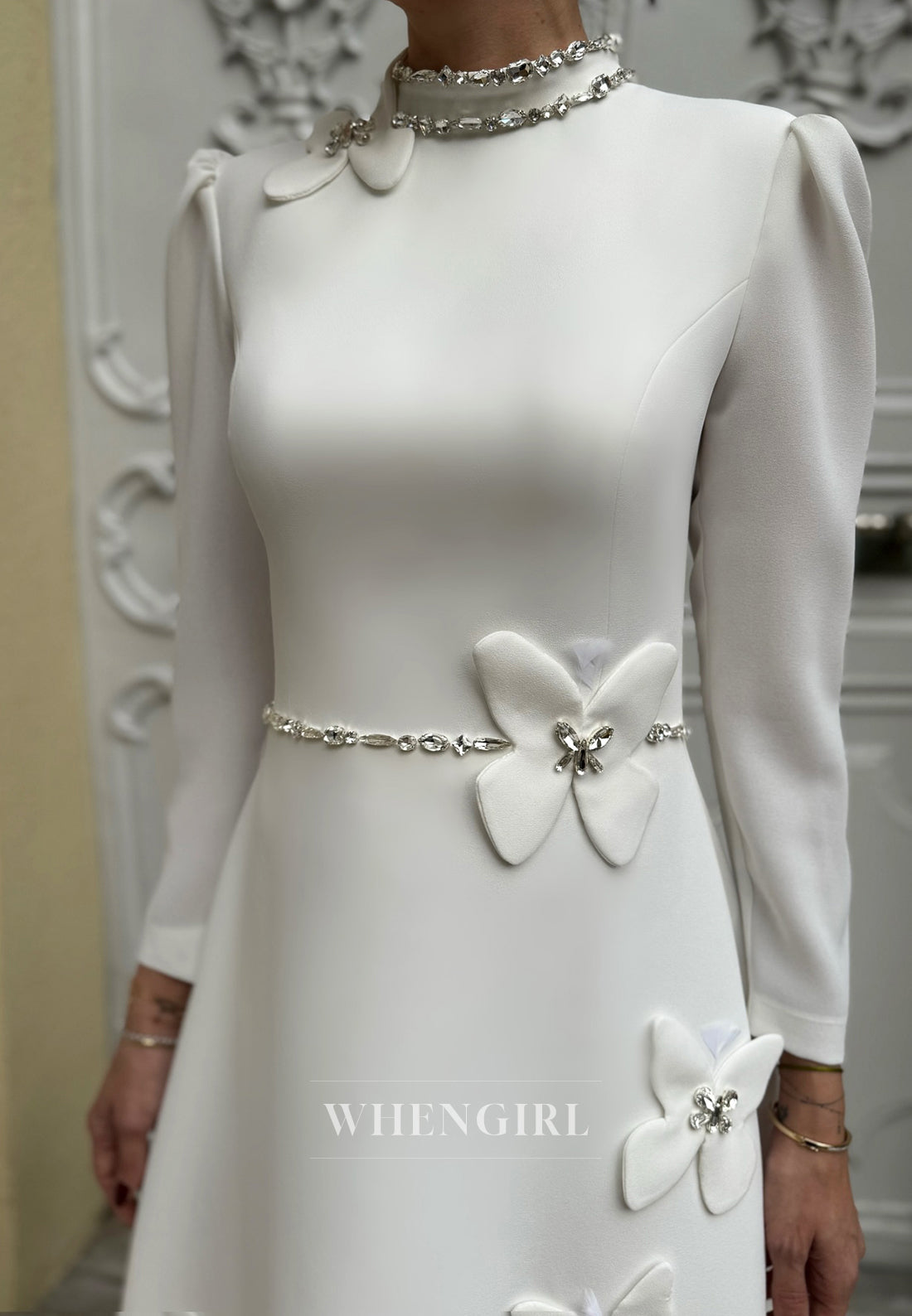 A-Line Long Sleeves High Neck Beading Satin Wedding Dress with Butterfly