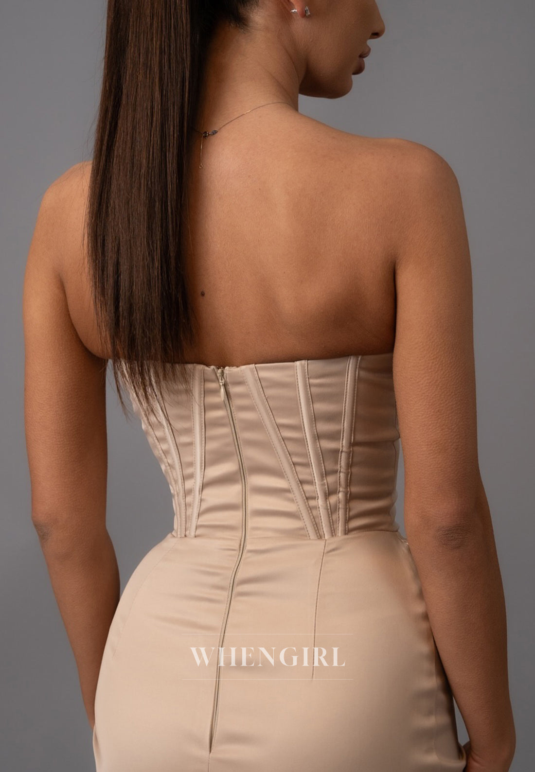 Beige Sweetheart Pleated Strapless Beaded Sheath Long Formal Evening Gown with Side Slit