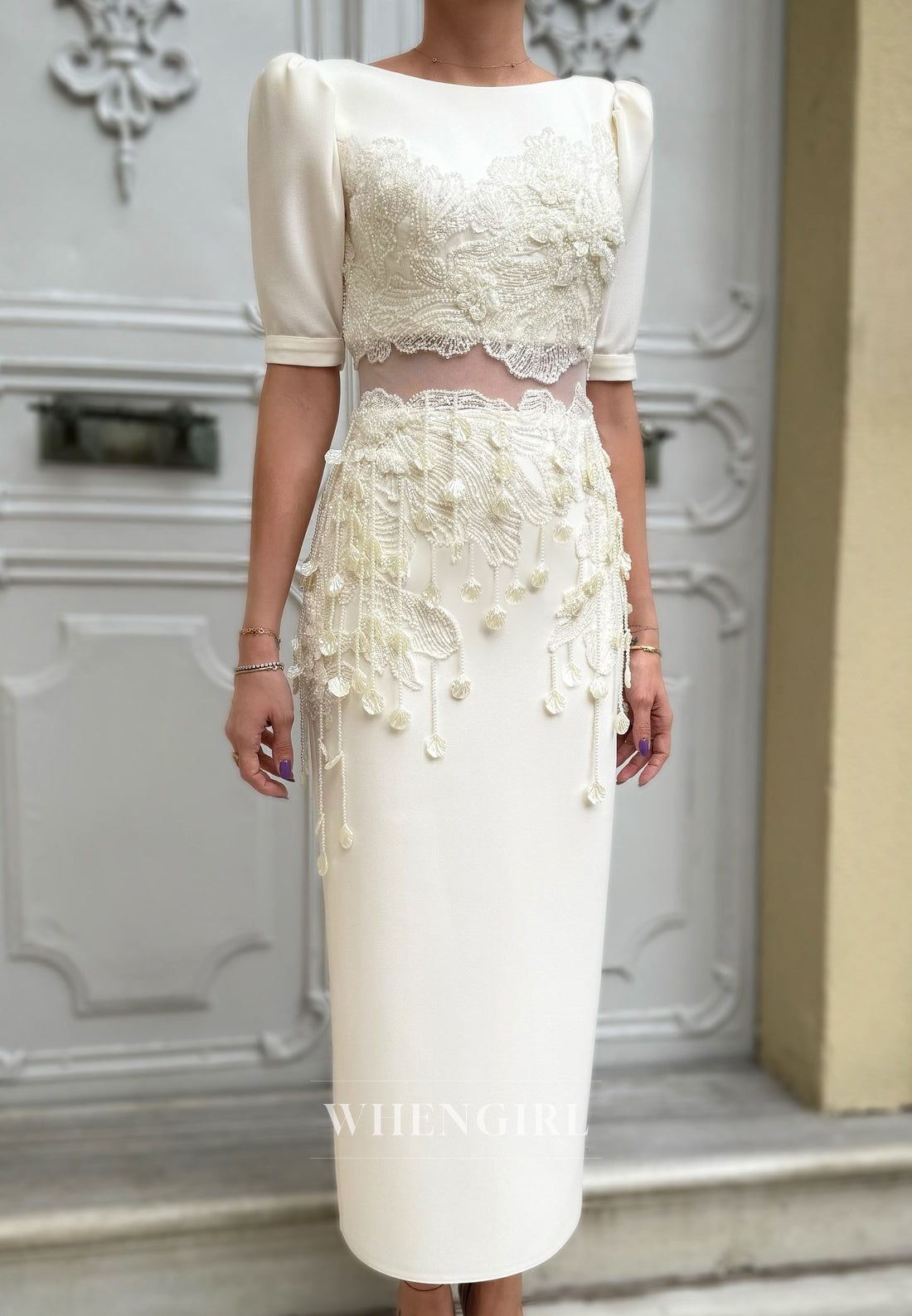 Sheath Half Sleeves Flower Bateau Beaded Satin Wedding Dress