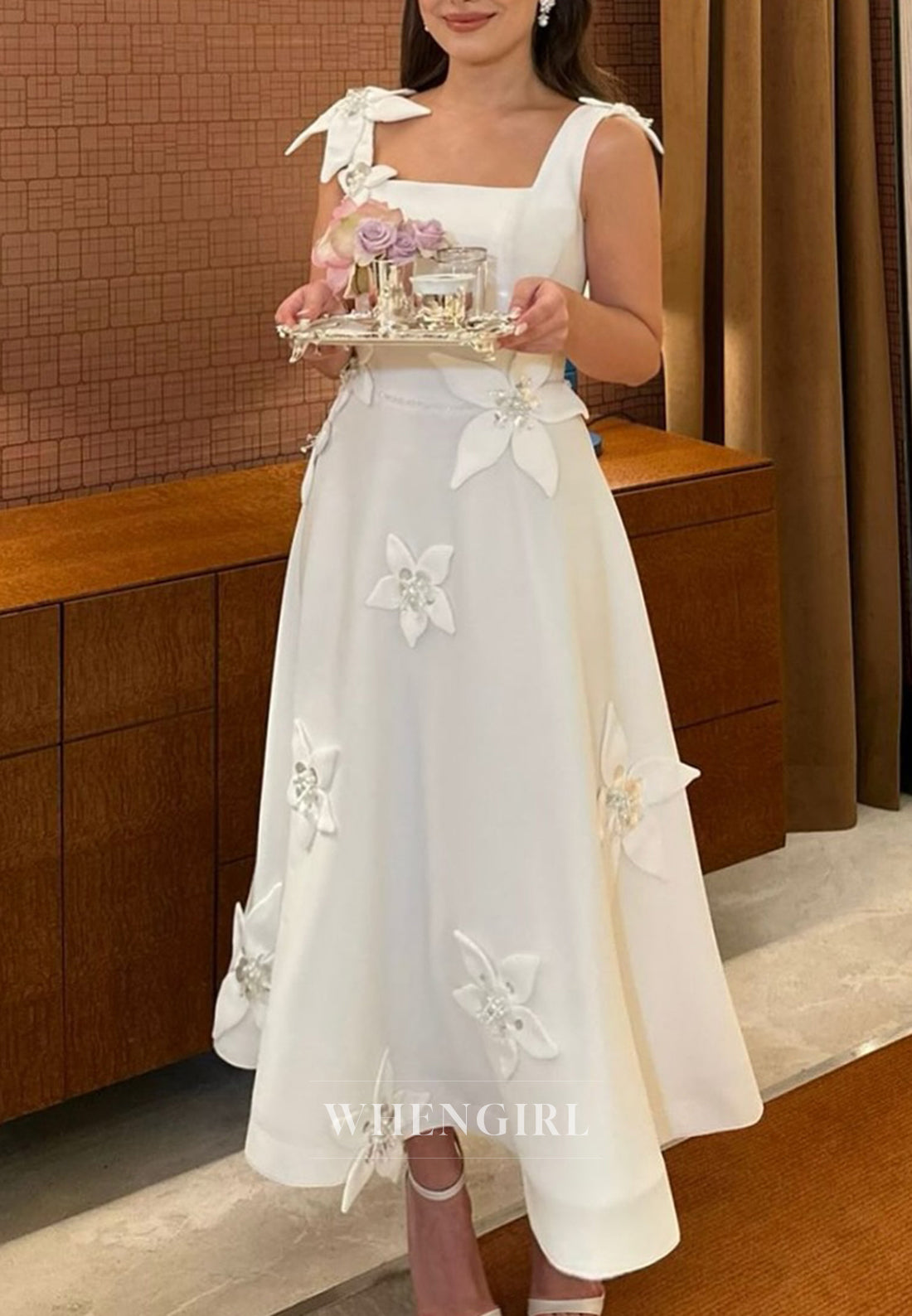 A-Line Satin Square Neck Ankle Length Wedding Dress with Flowers WhenGirl A-Line Satin Square Neck Ankle Length Wedding Dress with Flowers WhenGirl