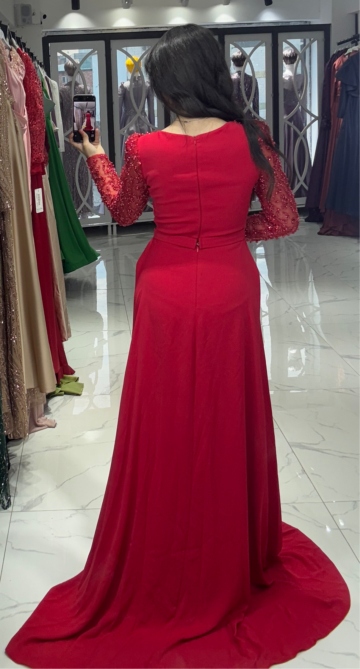 Sheath Long Sleeves Beaded Evening Dress with Train