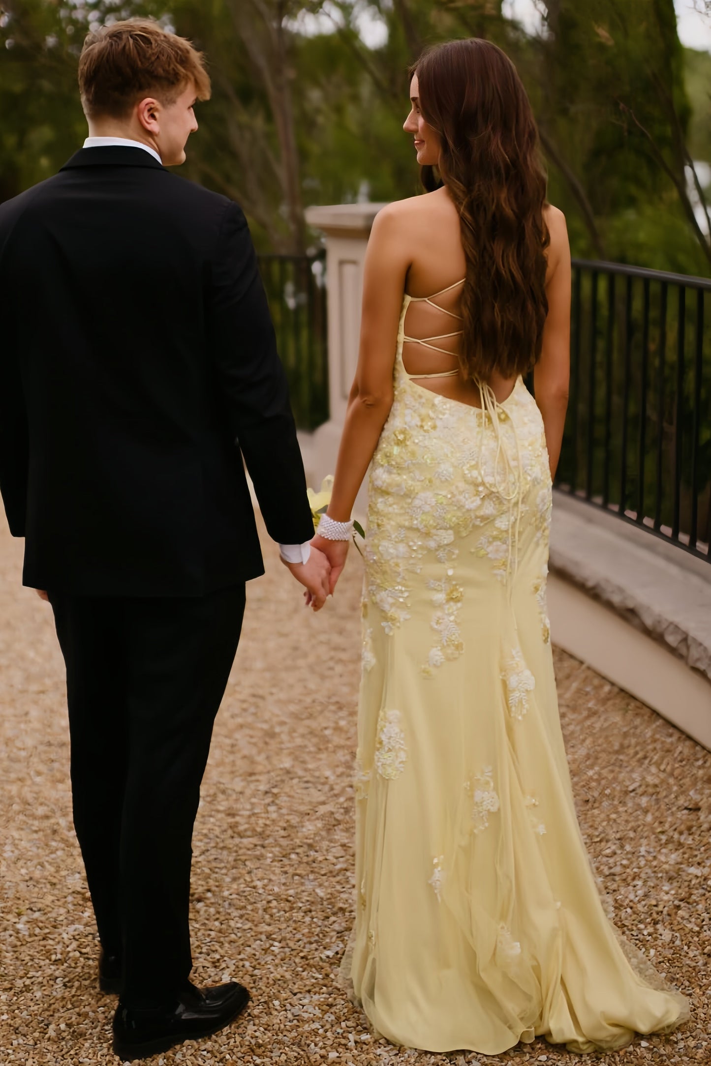 Yellow Floral Beaded Applique Mermaid Long Dress