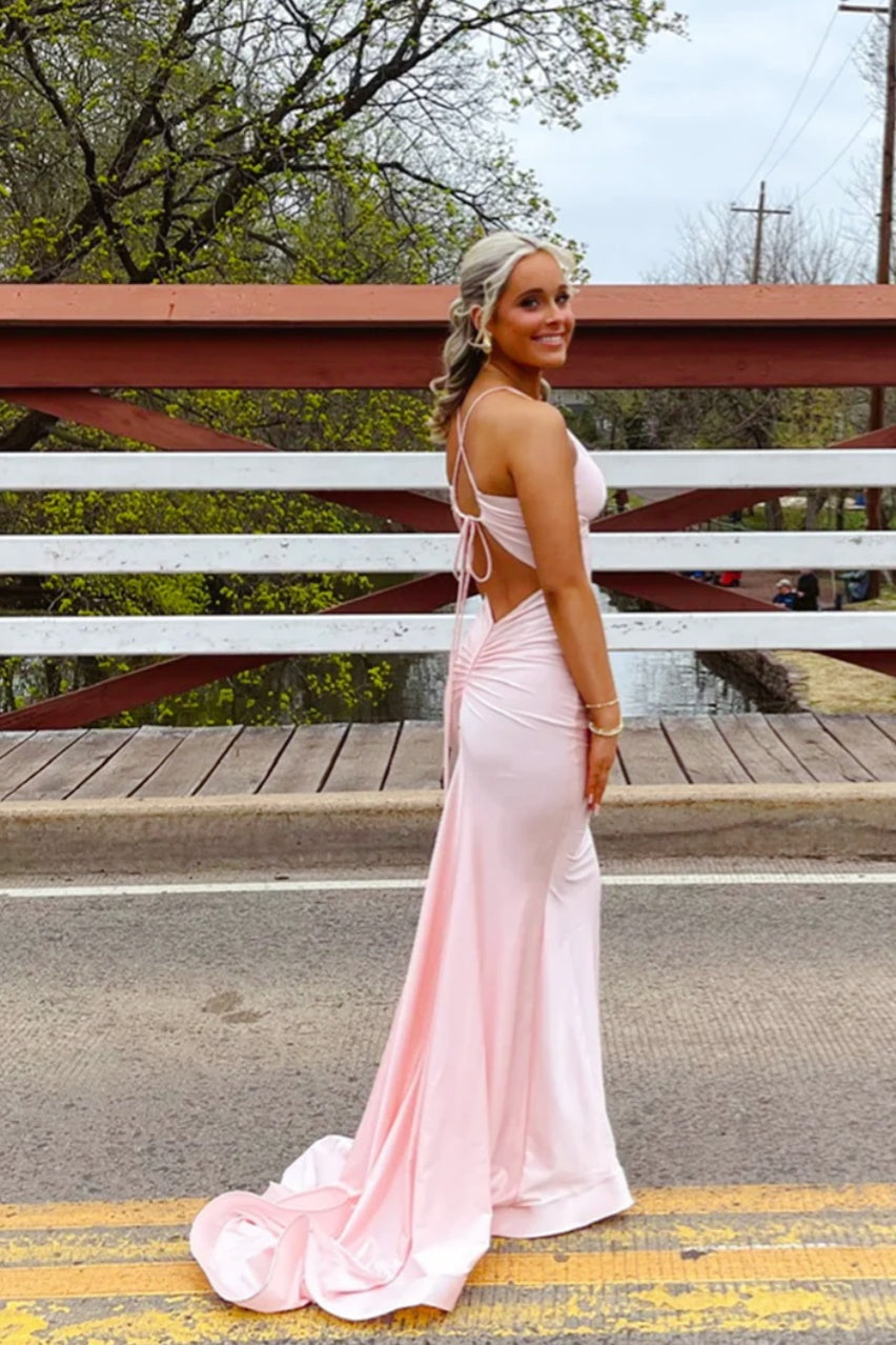 Hot Pink V-neck Mermaid Floor-length Dress