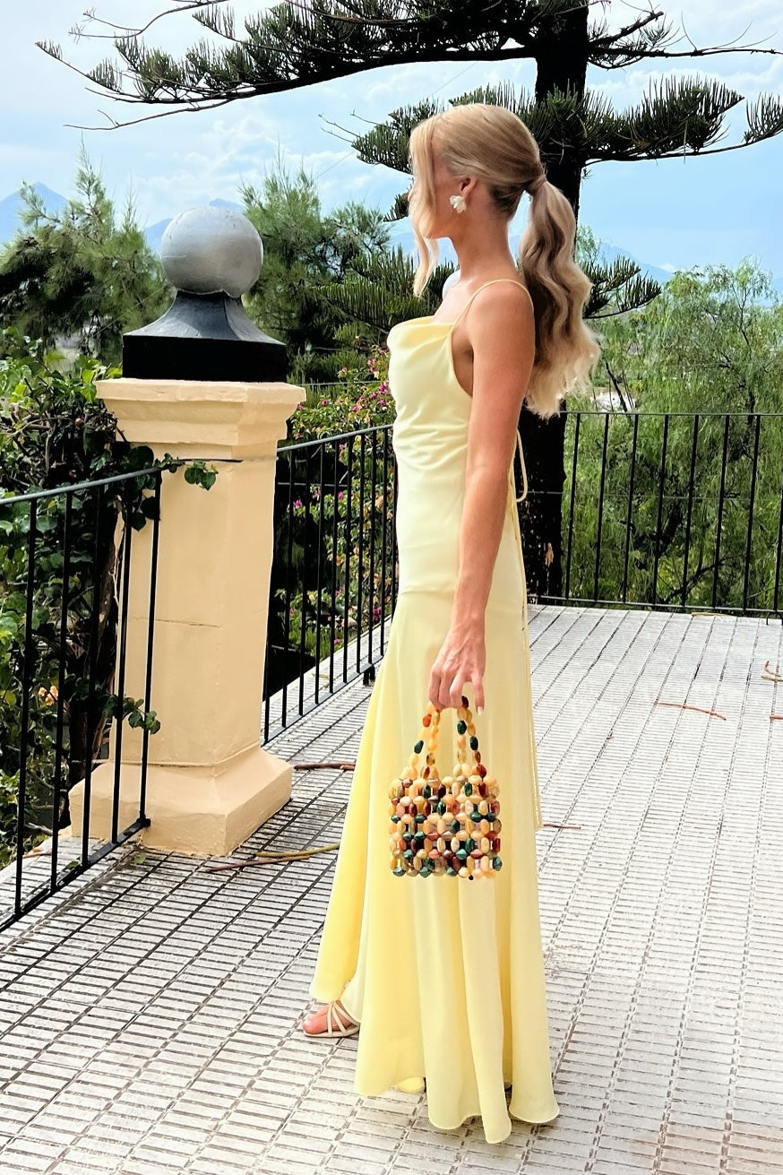 Yellow Spaghetti Straps Long Backless Dress