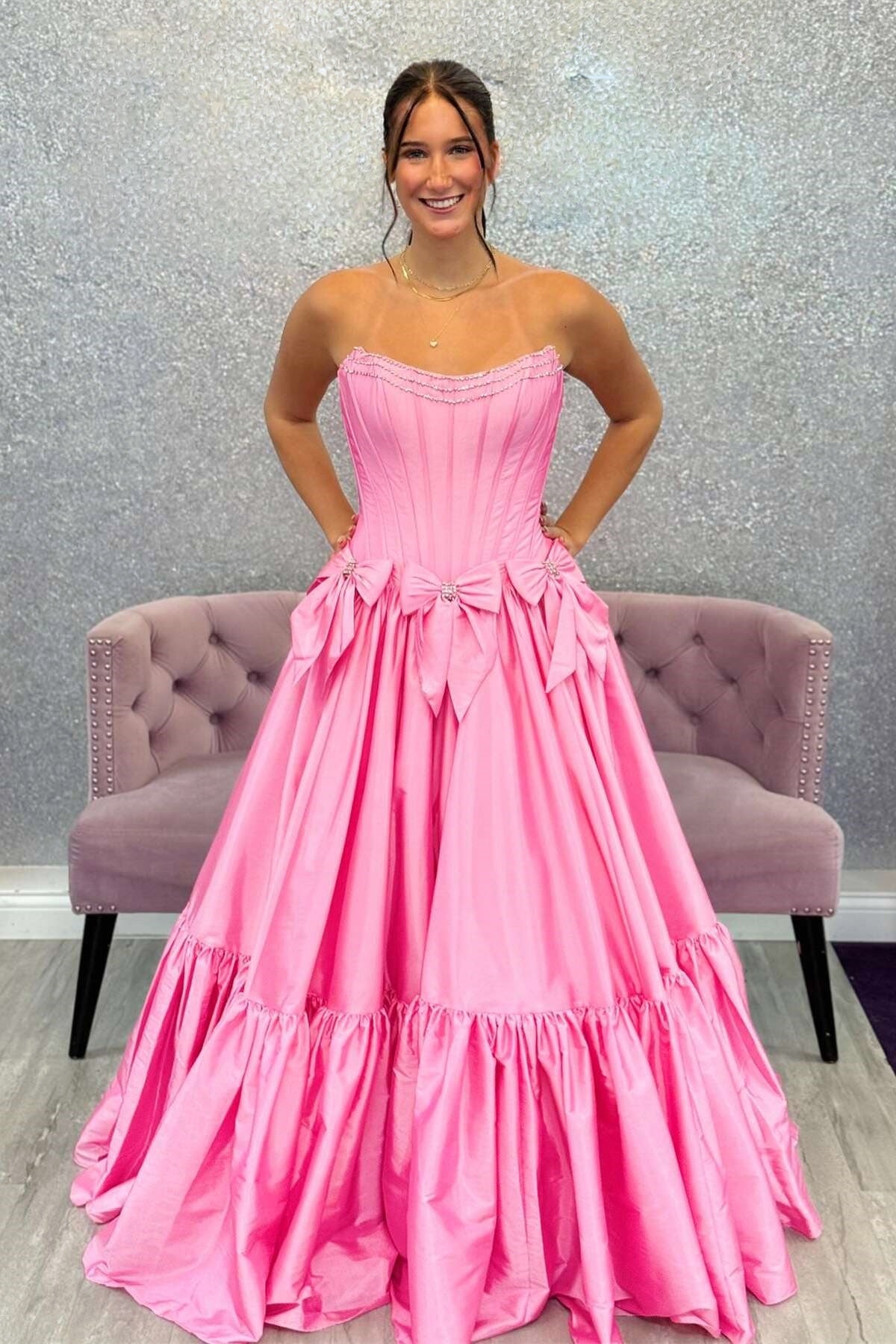 Strapless Red A-line Dress with Bows