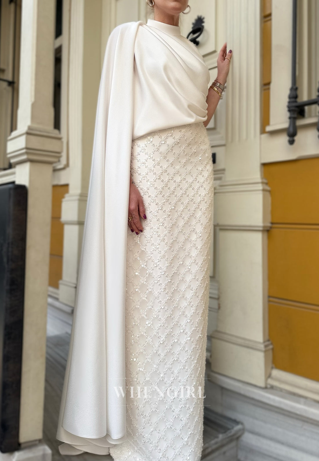 Sheath Satin Floor Length High Neck Beading Elegant Pleating Wedding Dress