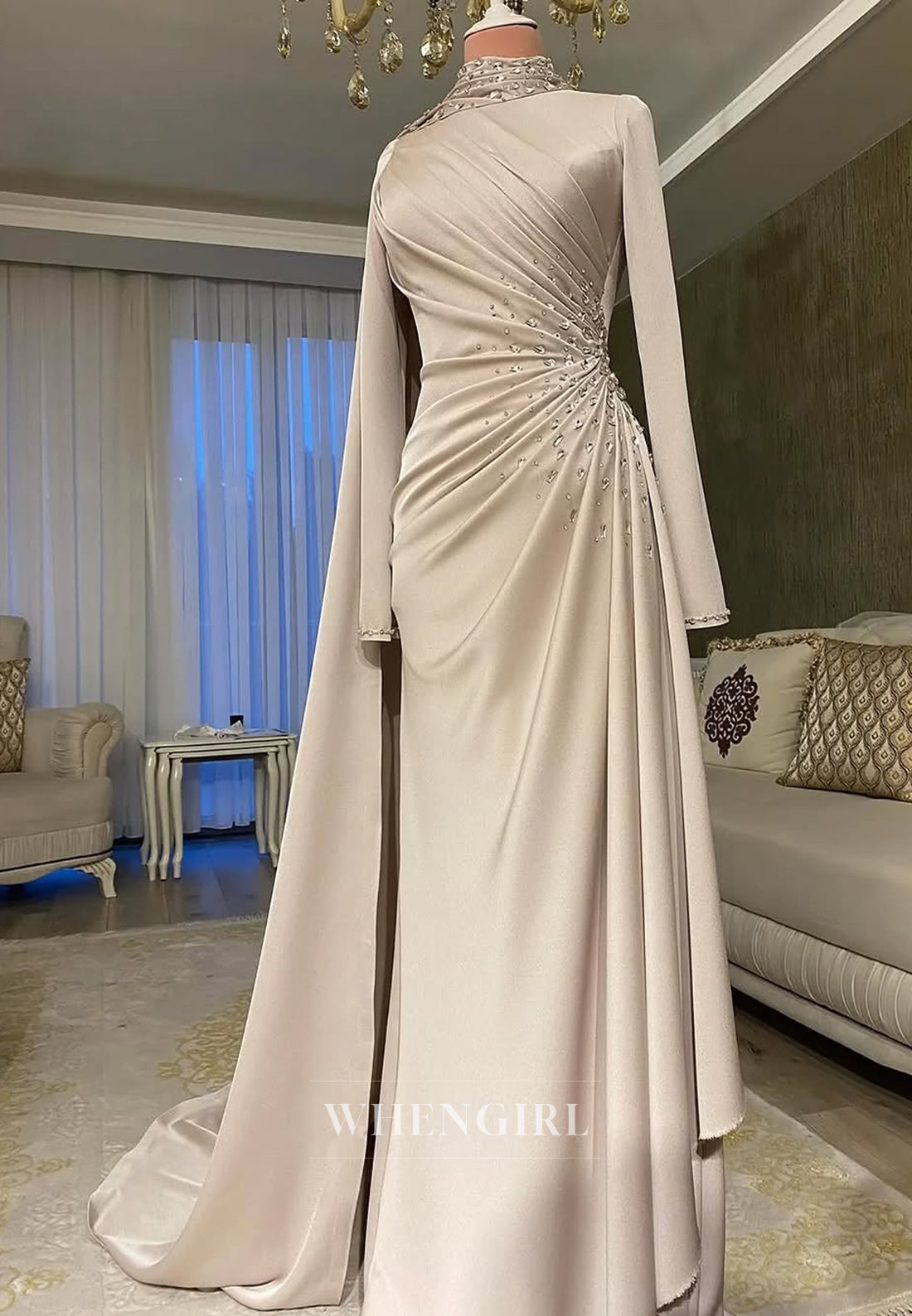 Beige High Neck Pleated Beading Satin Sheath Long Sleeves Formal Evening Dress with Side Train