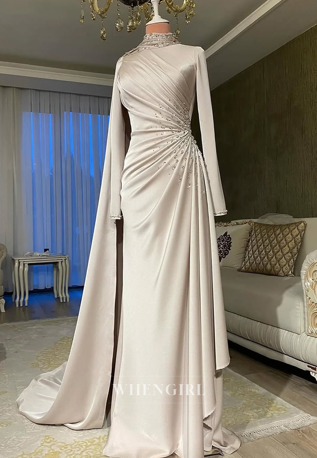 Beige High Neck Pleated Beading Satin Sheath Long Sleeves Formal Evening Dress with Side Train