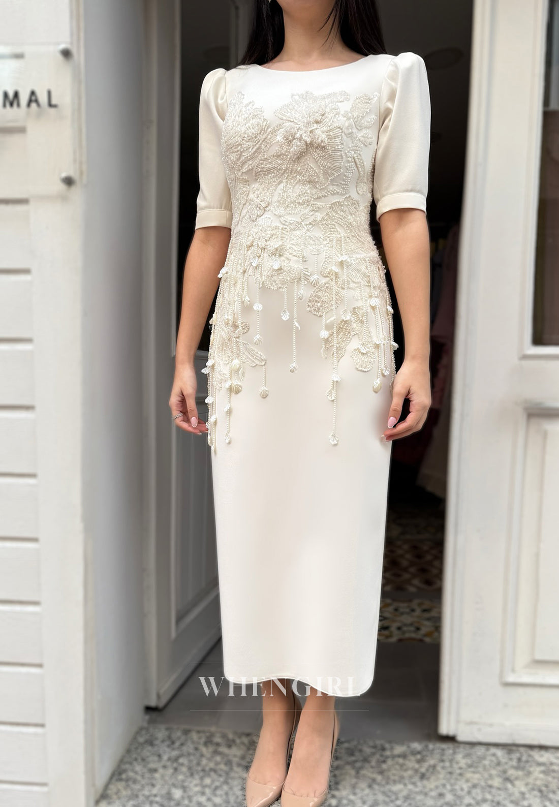Sheath Bateau Neck Half Sleeves Ankle Length Beading Satin Wedding Dre – WhenGirl