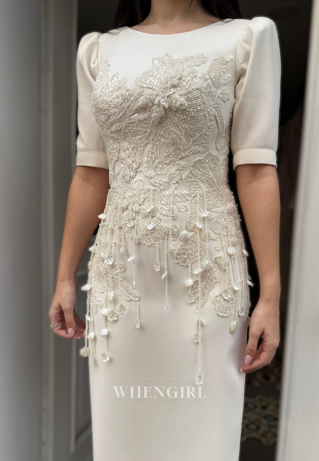 Sheath Bateau Neck Half Sleeves Ankle Length Beading Satin Wedding Dress