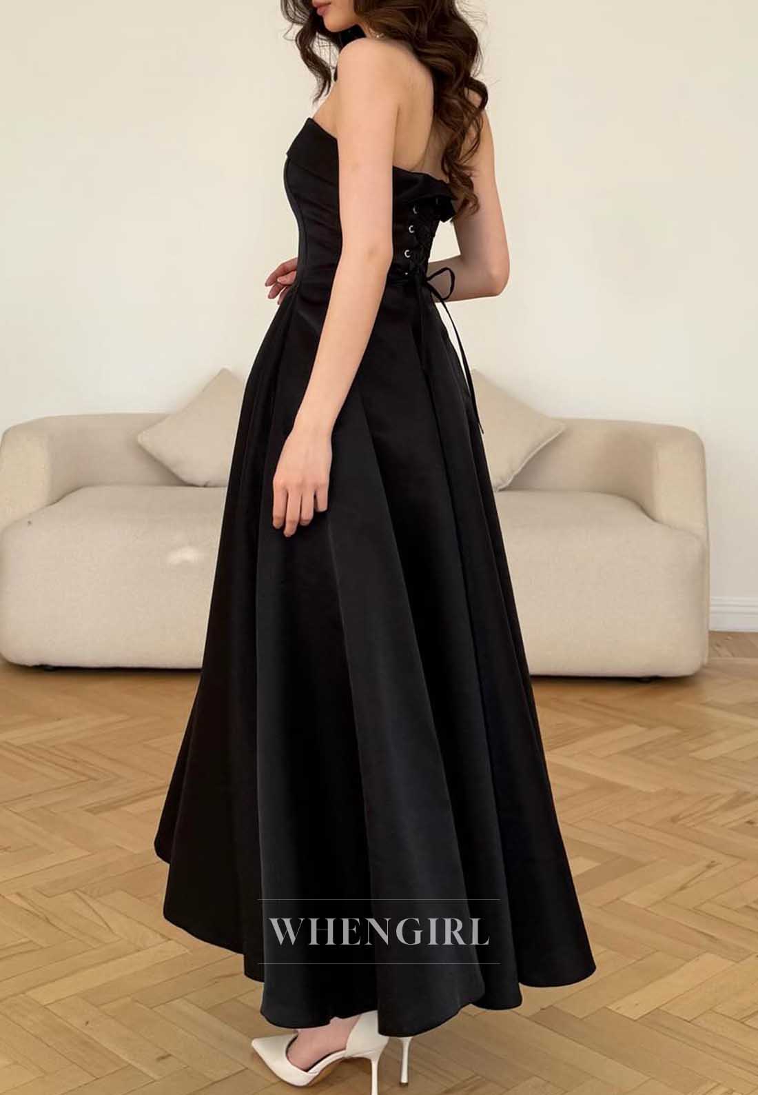 Black Strapless Satin A-Line Maxi Formal Cocktail Dress