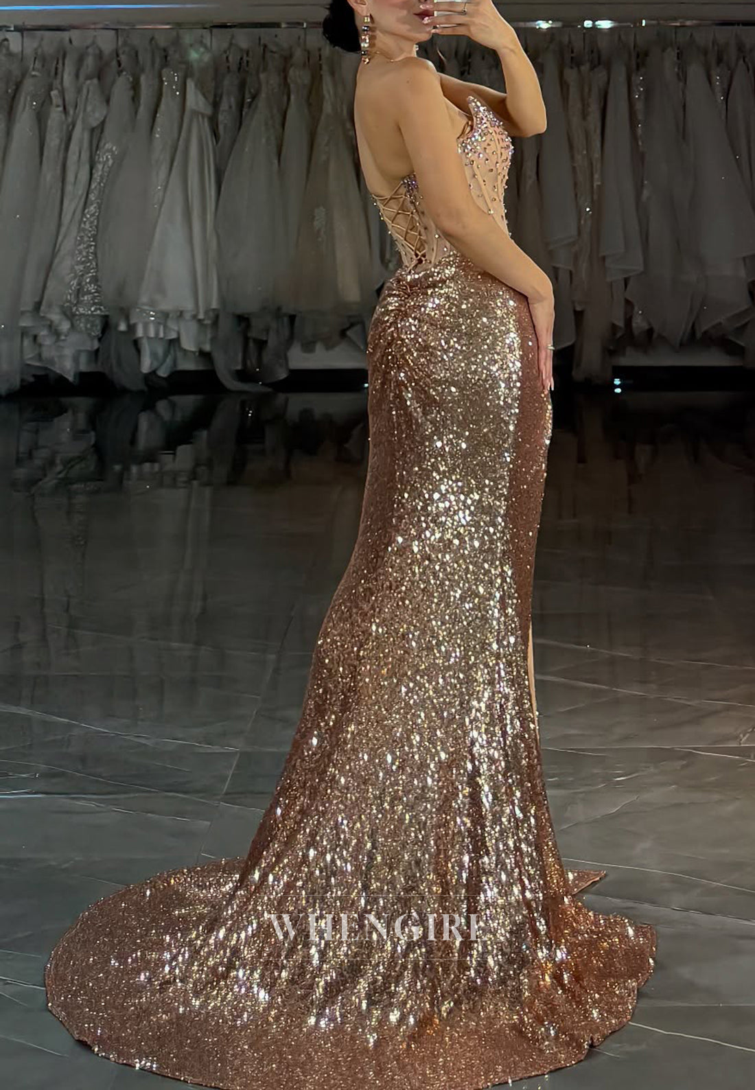Gold V-Neck Sleeveless Pleated Prom Dress Beaded Side Slit Mermaid Formal Evening Gown