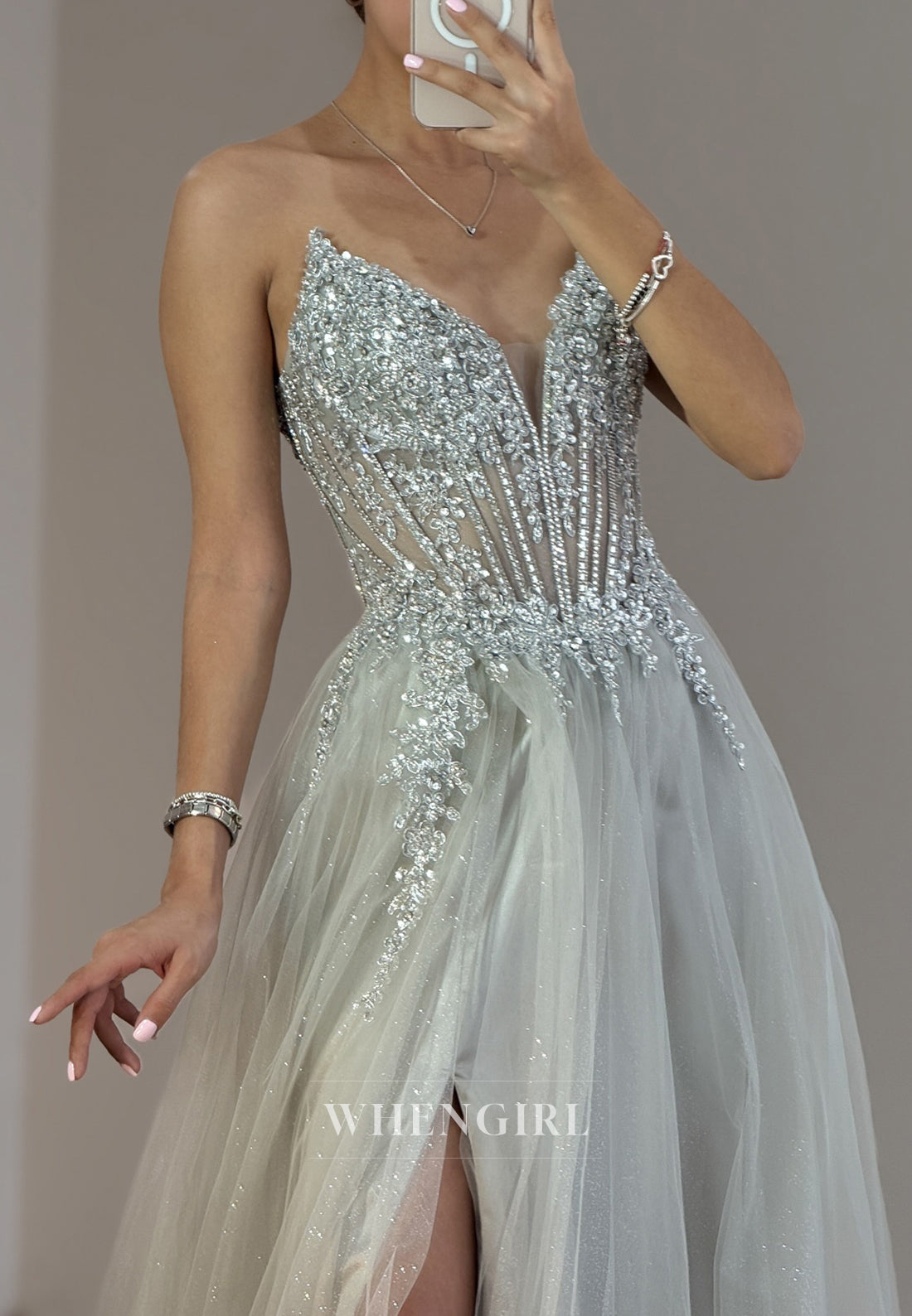 Silver Side Slit V-Neck Tie Back Prom Dress A-Line Beaded Strapless Tulle Evening Gown