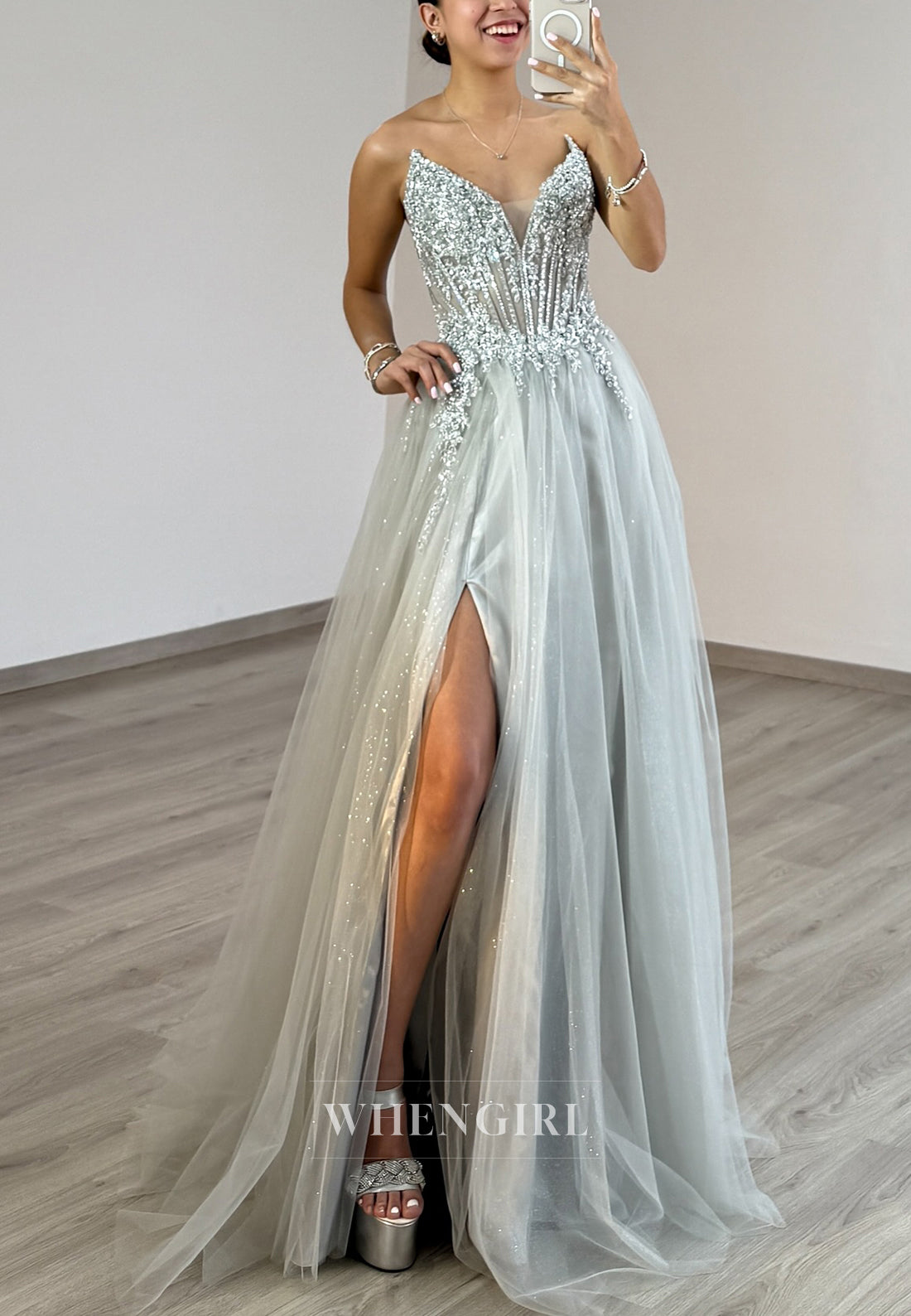 Silver Side Slit V-Neck Tie Back Prom Dress A-Line Beaded Strapless Tulle Evening Gown
