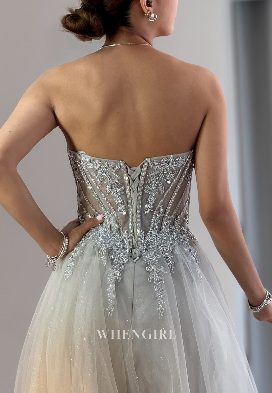 Silver Side Slit V-Neck Tie Back Prom Dress A-Line Beaded Strapless Tulle Evening Gown