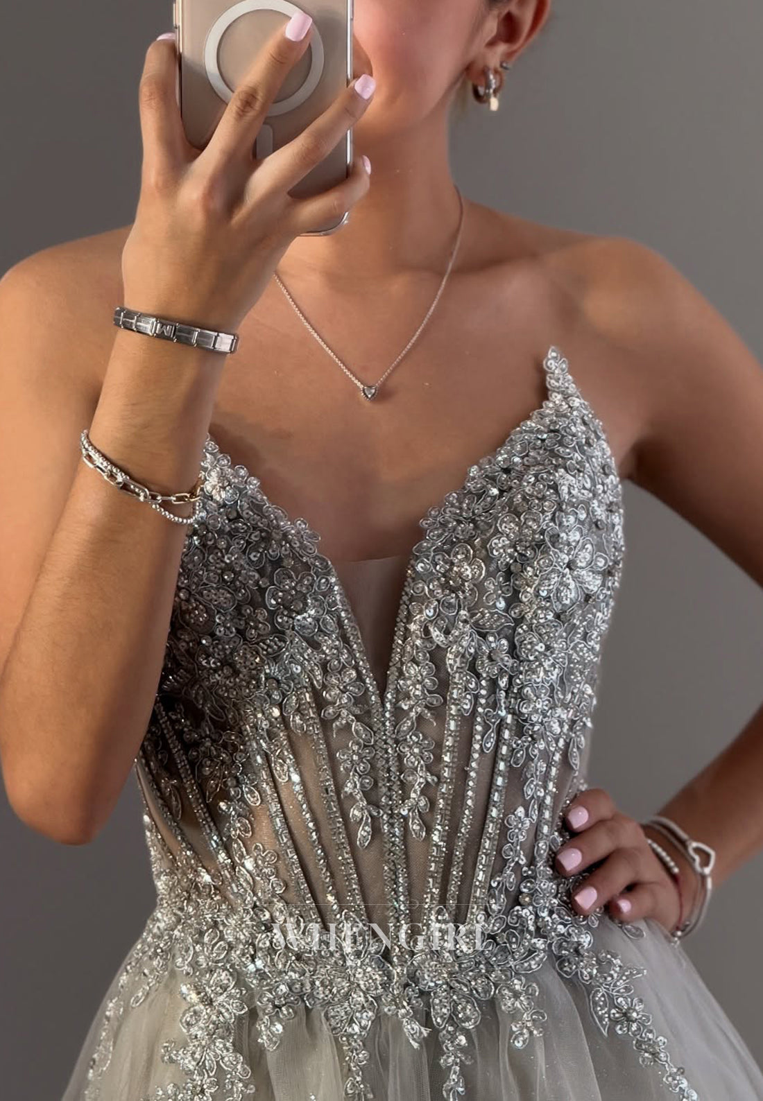 Silver Side Slit V-Neck Tie Back Prom Dress A-Line Beaded Strapless Tulle Evening Gown