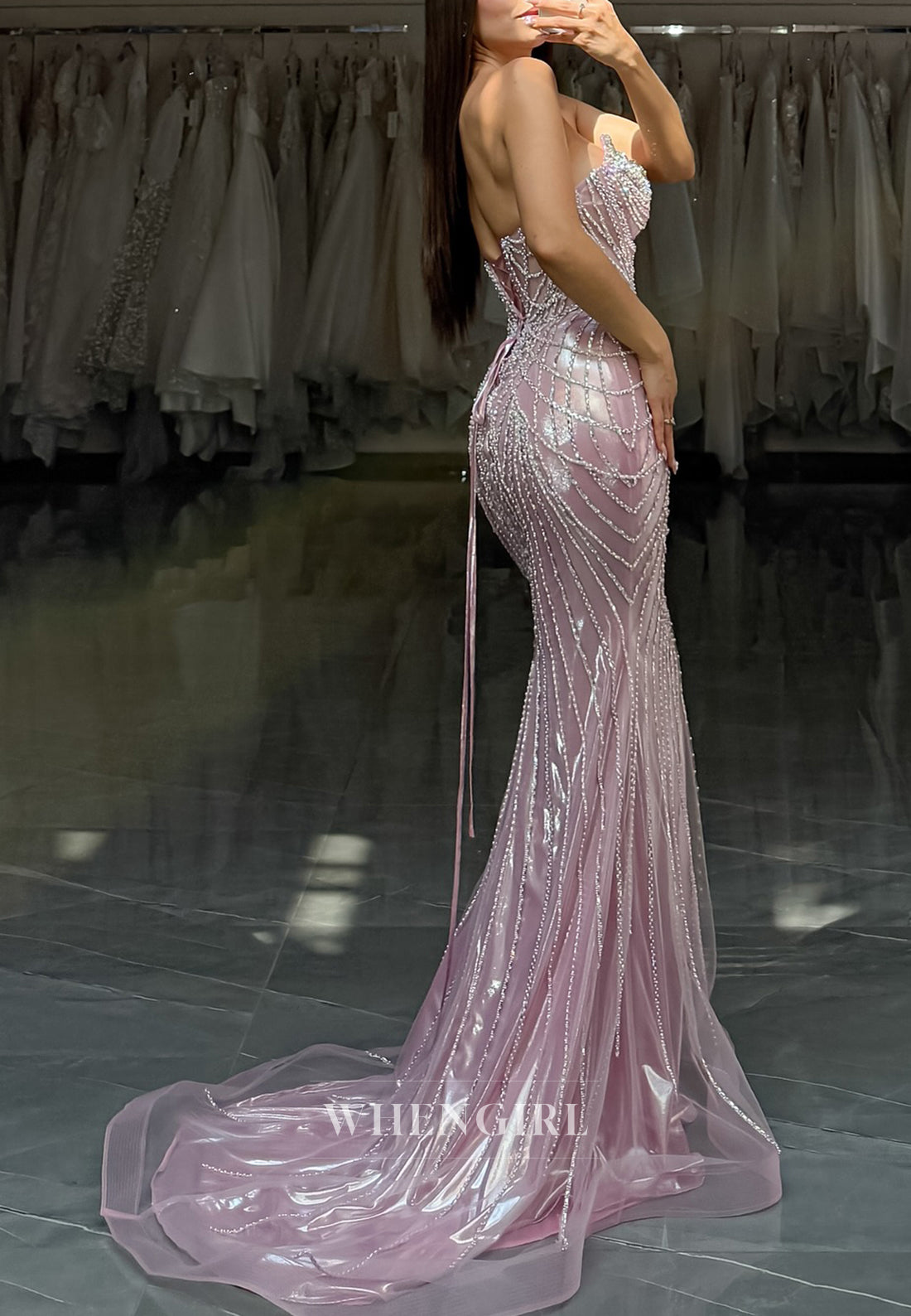Candy Pink Asymmetrical Neck Strapless Prom Dress Beaded Mermaid Sleeveless Evening Dress