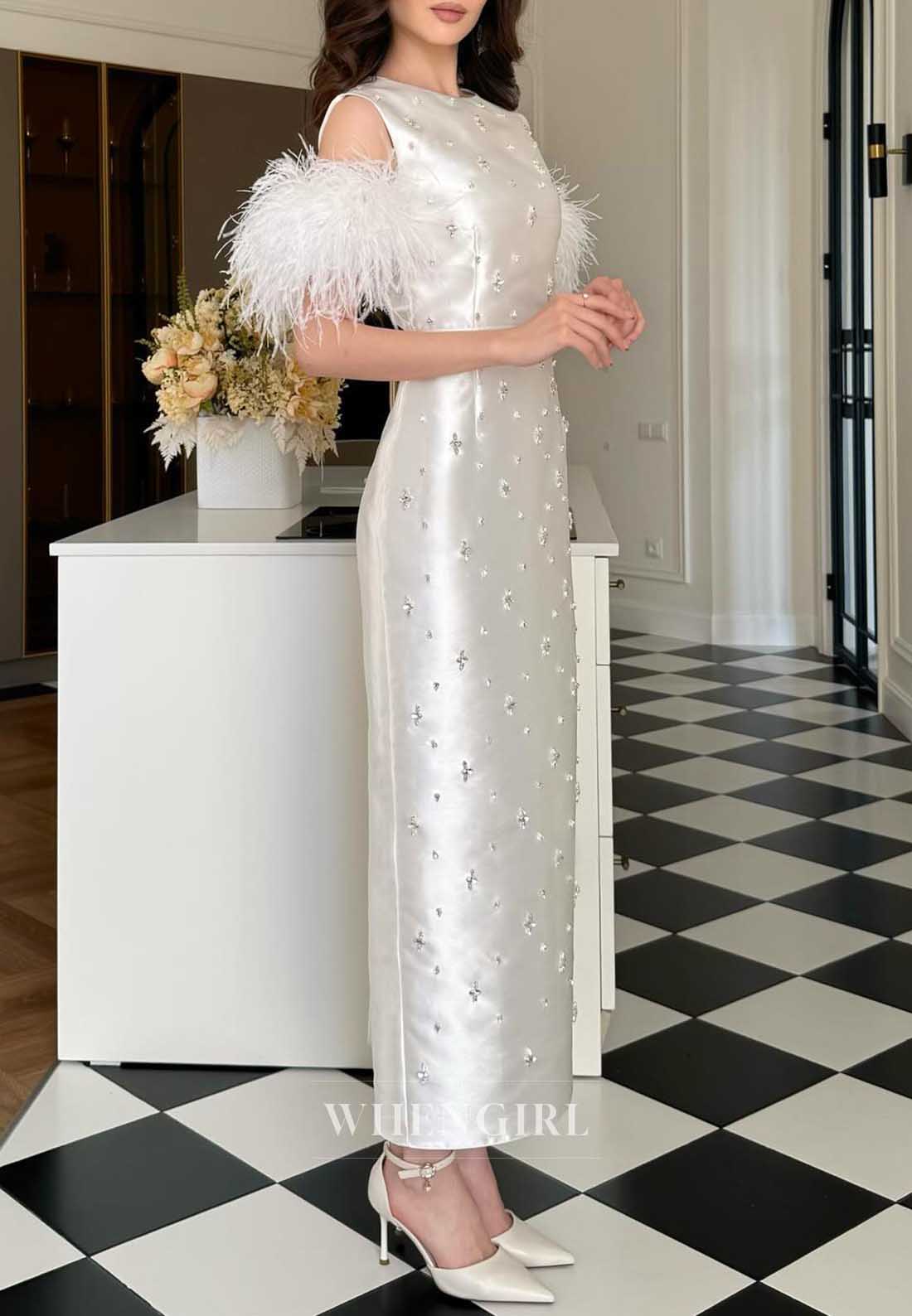 White Sleeveless Feather Cuff Rhinestone Midi Bodycon Cocktail Dress