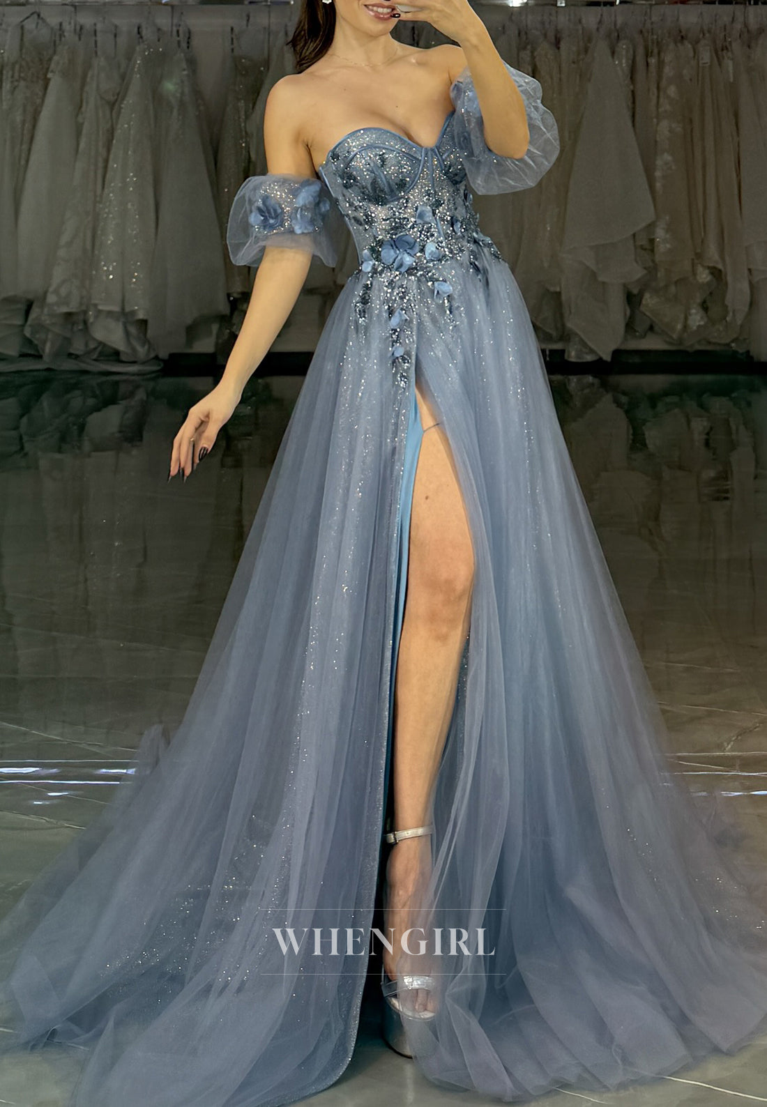 Slate Blue Sweetheart Off Shoulder Prom Dress Flower Embroidery Side Slit A-Line Evening Gown