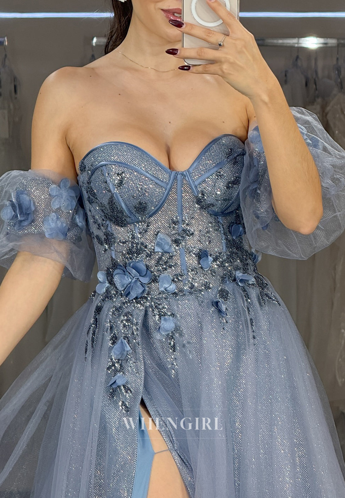 Slate Blue Sweetheart Off Shoulder Prom Dress Flower Embroidery Side Slit A-Line Evening Gown