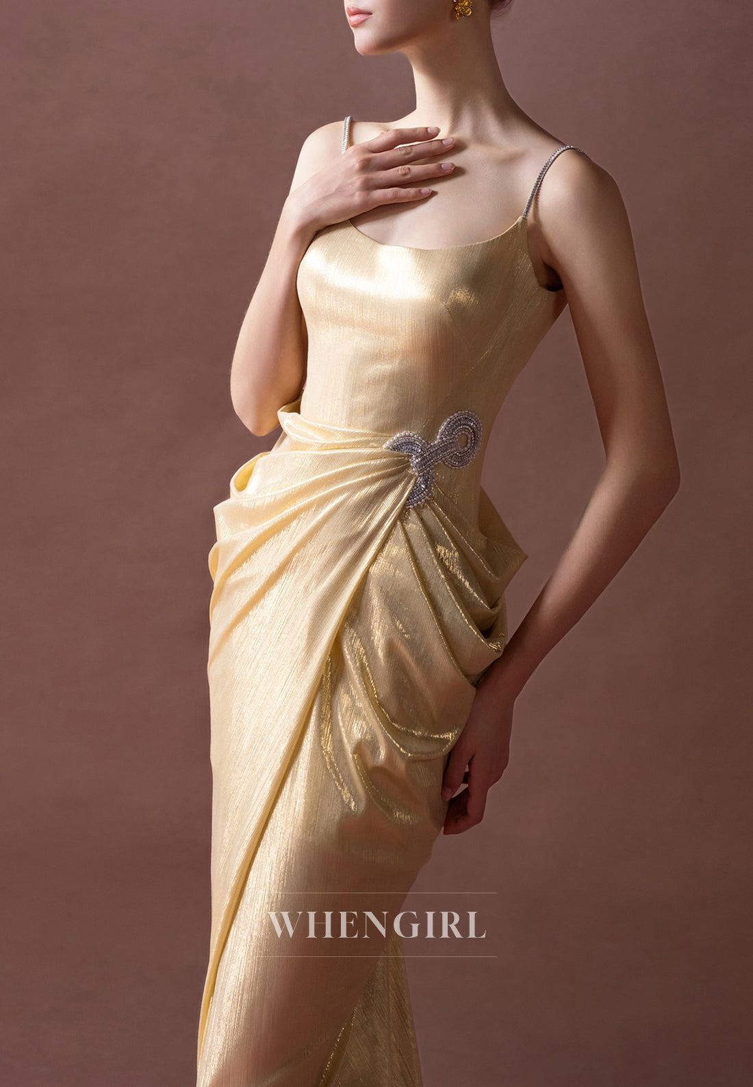 Gold Spaghetti Straps V Back Zipper Pleated Side Slit Sheath Formal Evening Gown