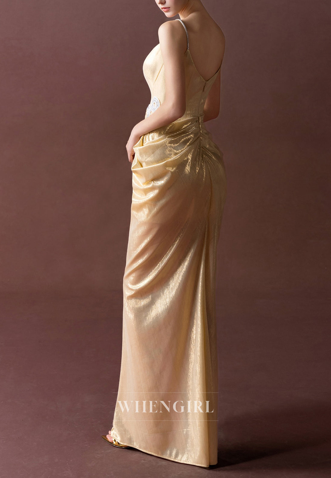 Gold Spaghetti Straps V Back Zipper Pleated Side Slit Sheath Formal Evening Gown