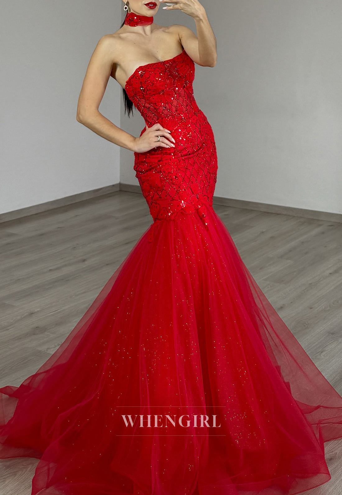 Red Strapless Beaded Sleeveless Prom Dress Tulle Mermaid Evening Gown