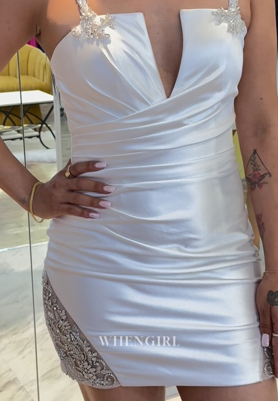 White V Neck Sleeveless Beaded Straps Back Zipper Sheath Pleated Short Homecoming Dress