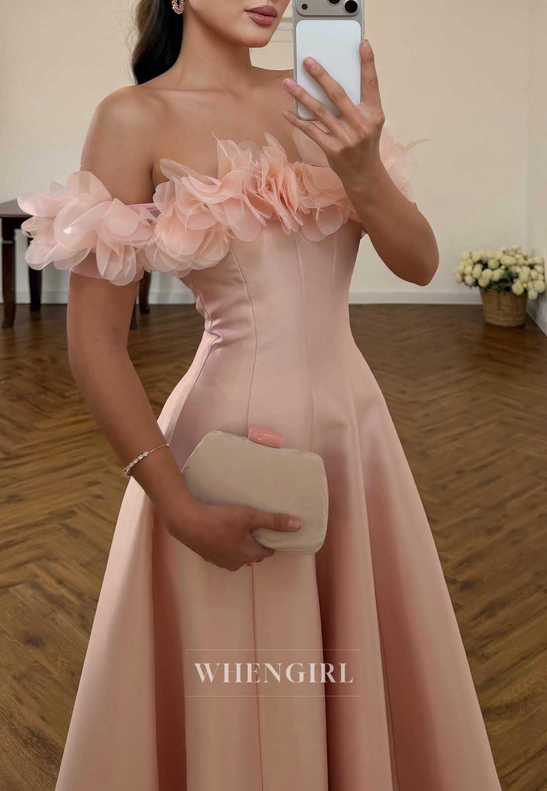 Blush Pink Off Shoulder 3D Floral Satin A-Line Cocktail Dress