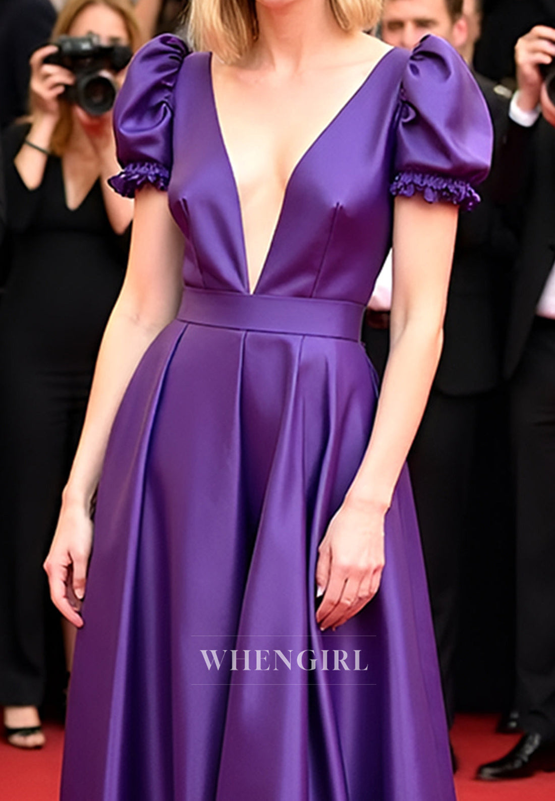 Gorgeous Deep V-neck Puff Sleeves Gala Dress A-Line Satin Long Formal Gowns