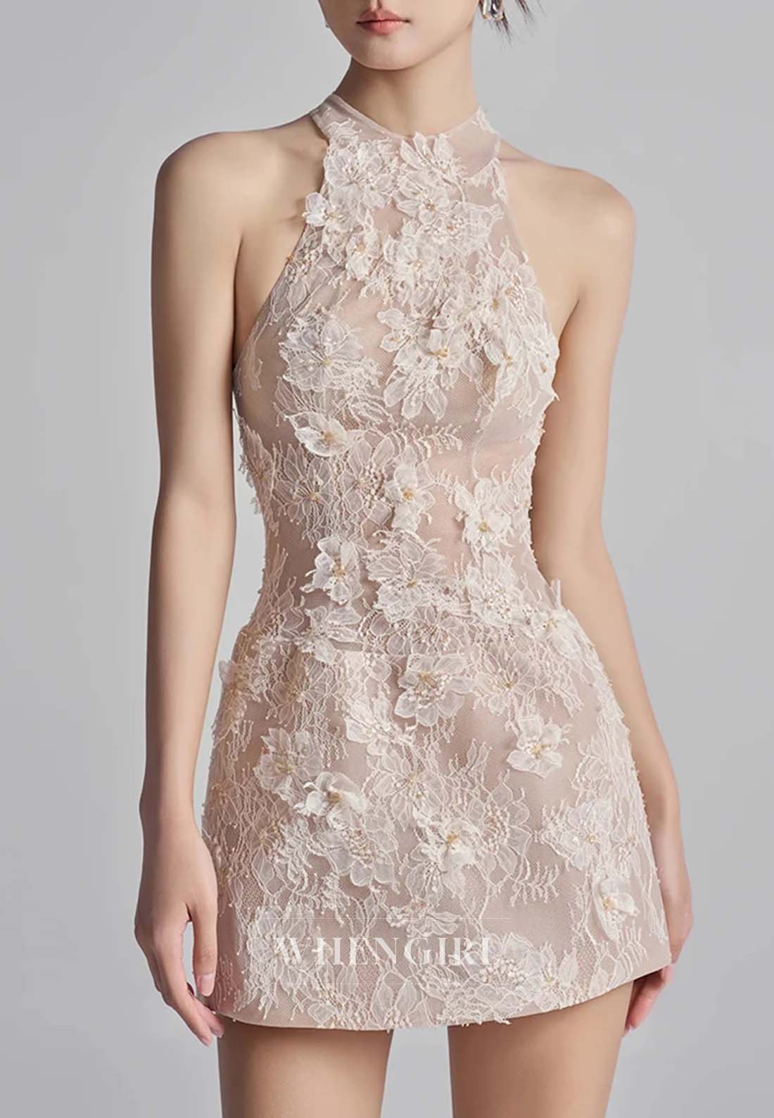 Sheath Halter Sleeveless Appliqued Lace Back Zipper Short Homecoming Dress