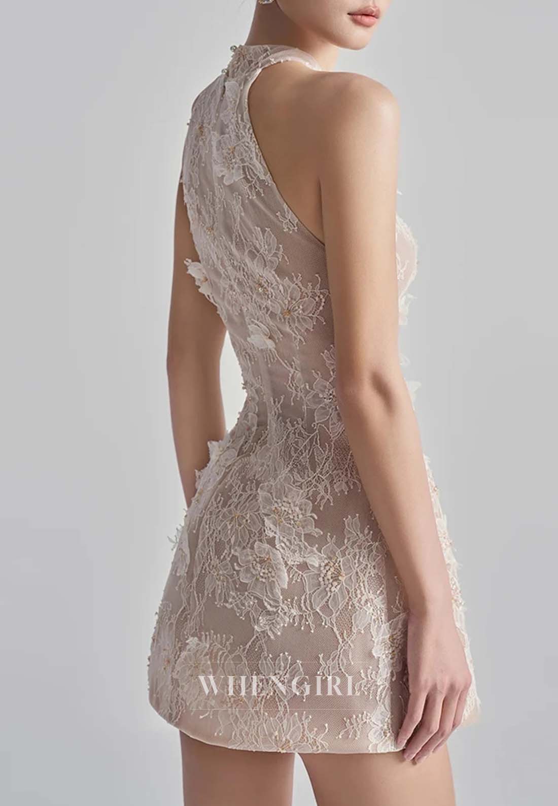 Sheath Halter Sleeveless Appliqued Lace Back Zipper Short Homecoming Dress