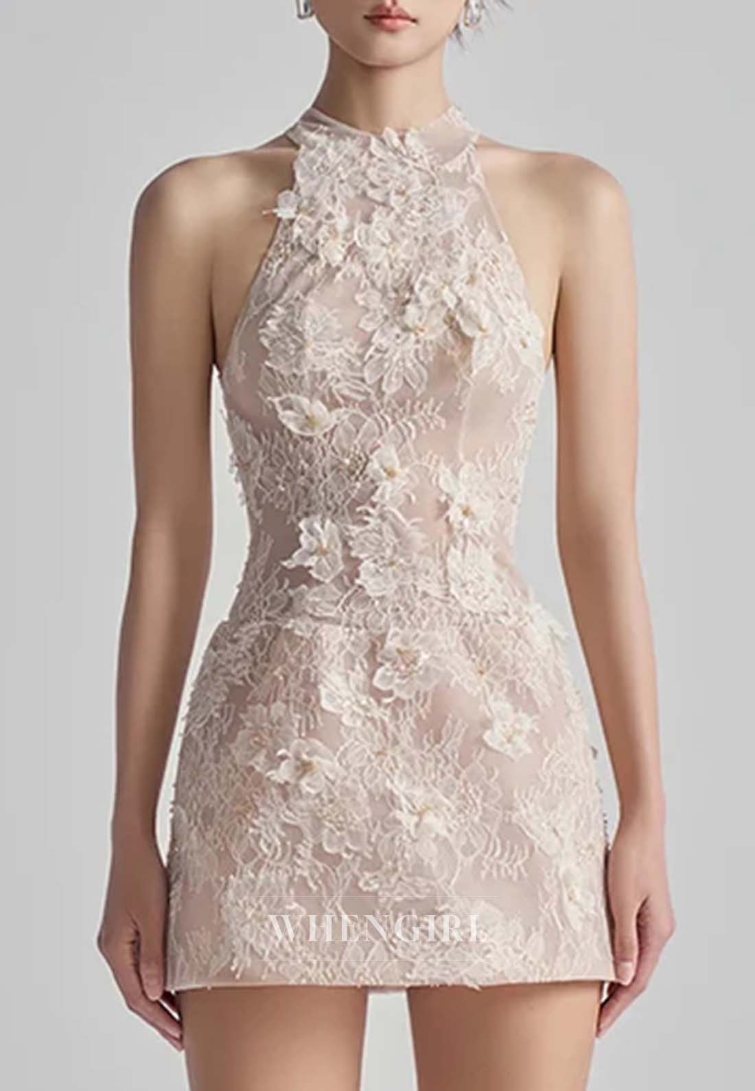 Sheath Halter Sleeveless Appliqued Lace Back Zipper Short Homecoming Dress