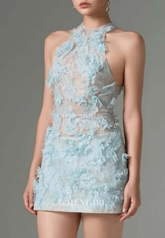 Sheath Halter Sleeveless Appliqued Lace Back Zipper Short Homecoming Dress